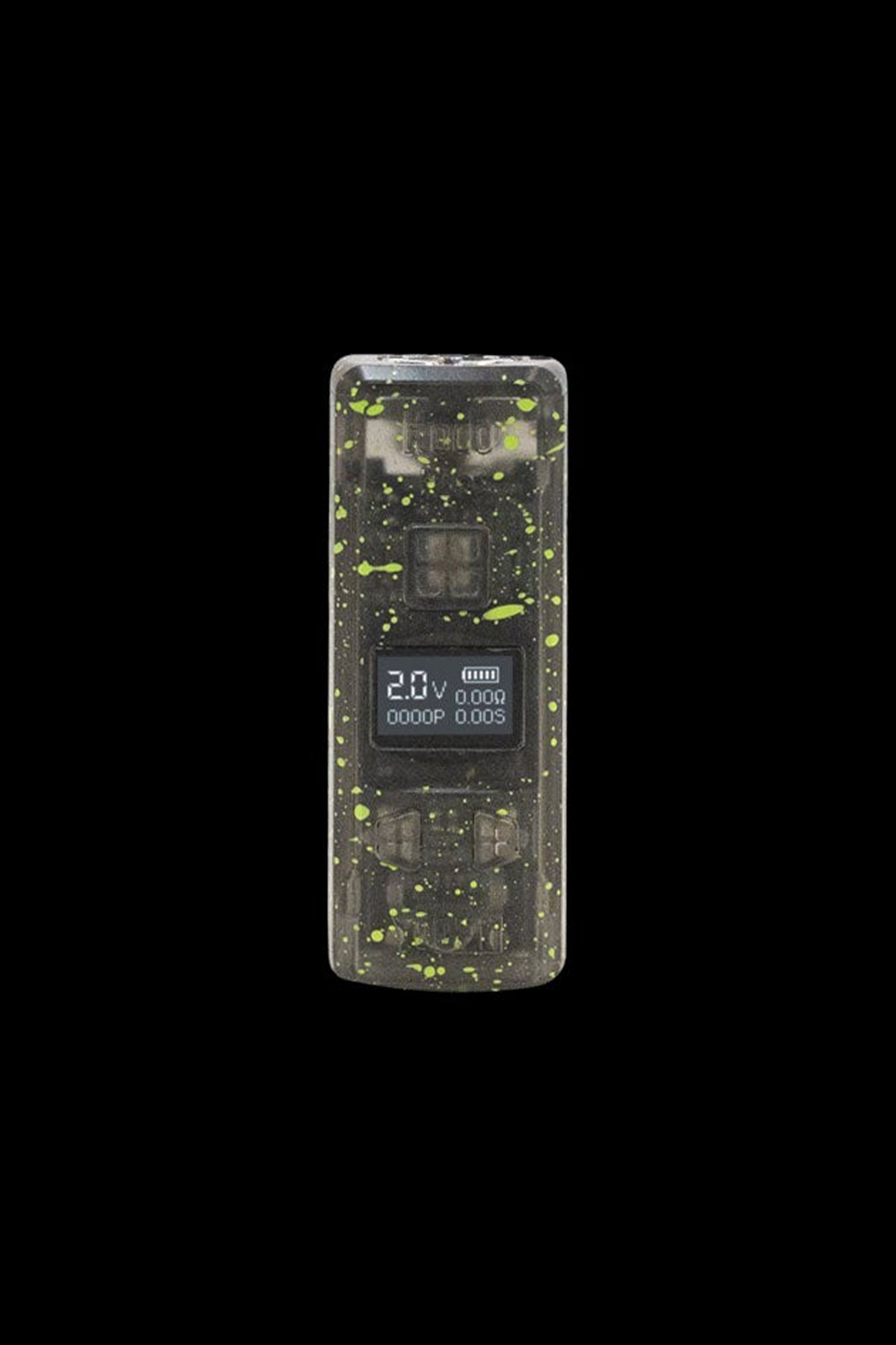 A cannabis vape pen with a speckled, translucent yellow and green design, displaying a digital screen with voltage and power readings.