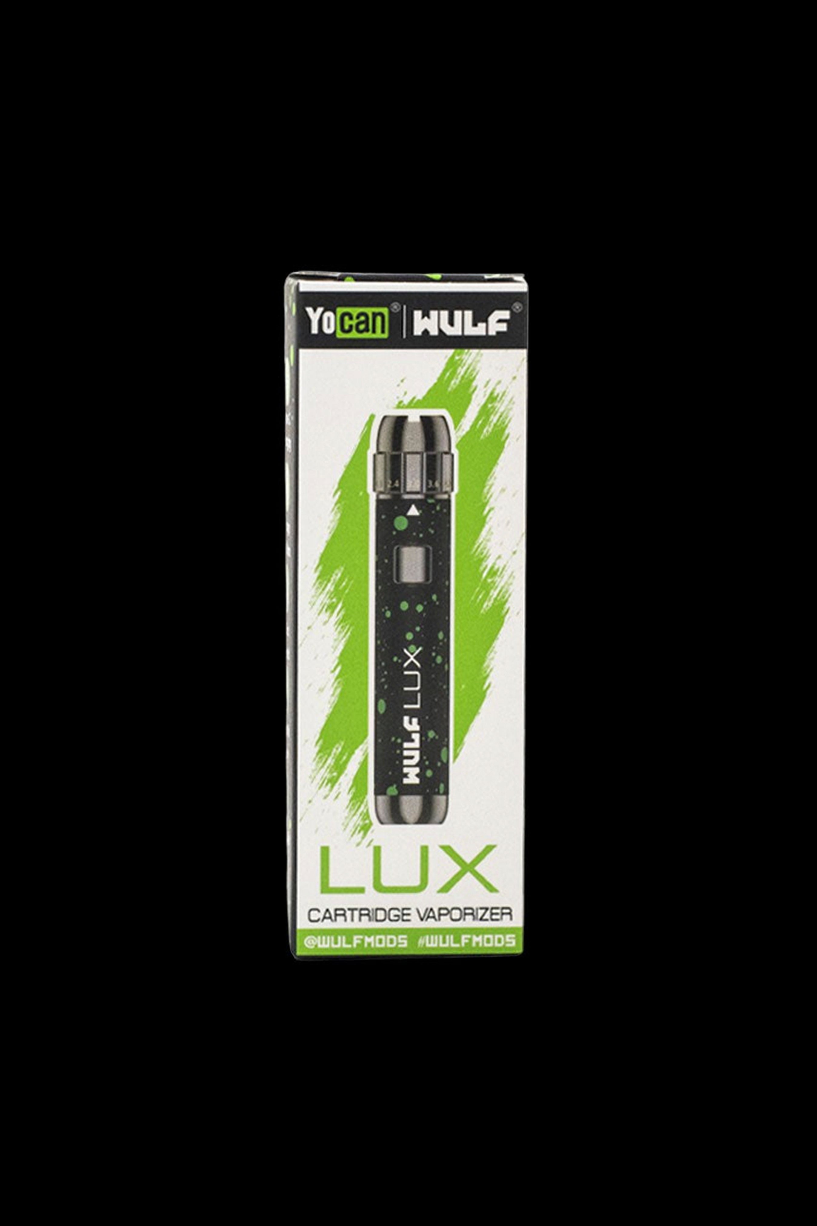 Product packaging for a Yocan Wulf Lux cannabis cartridge vaporizer.