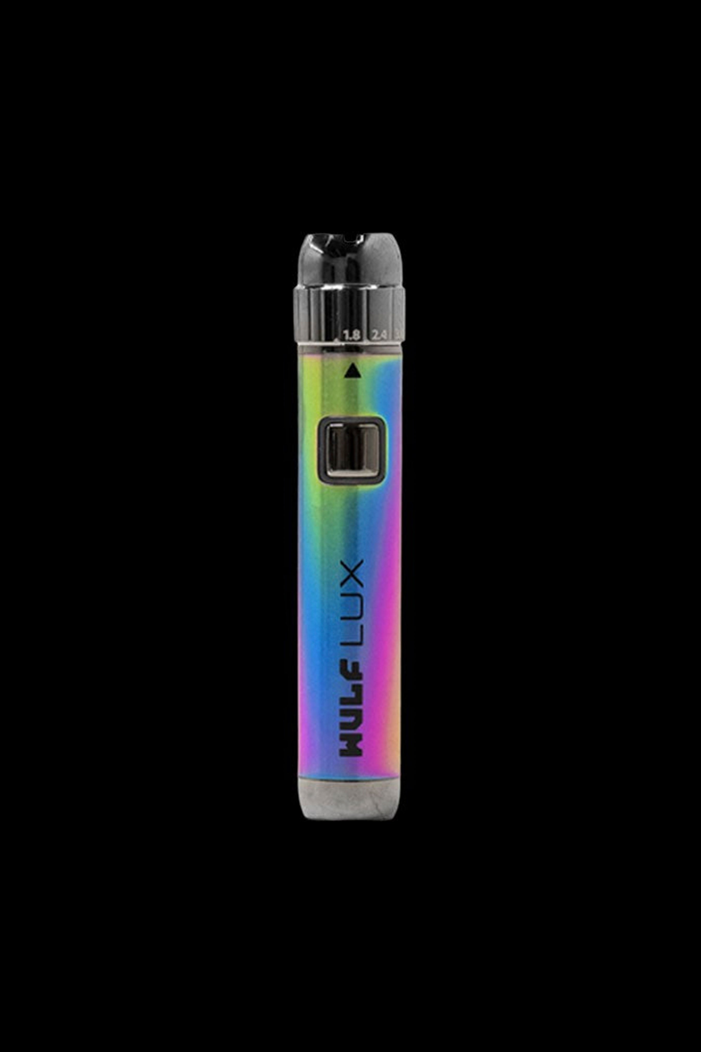 Purple and silver cannabis oil vape pen with “Wulf Lux” branding.