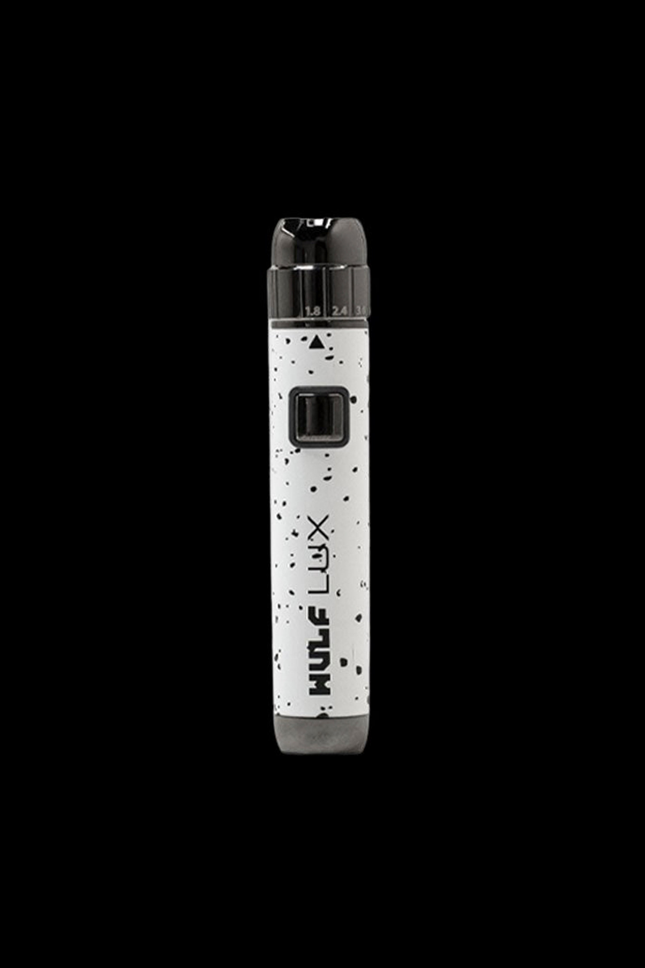White and black cannabis vape pen with a clear cartridge displaying fill lines.