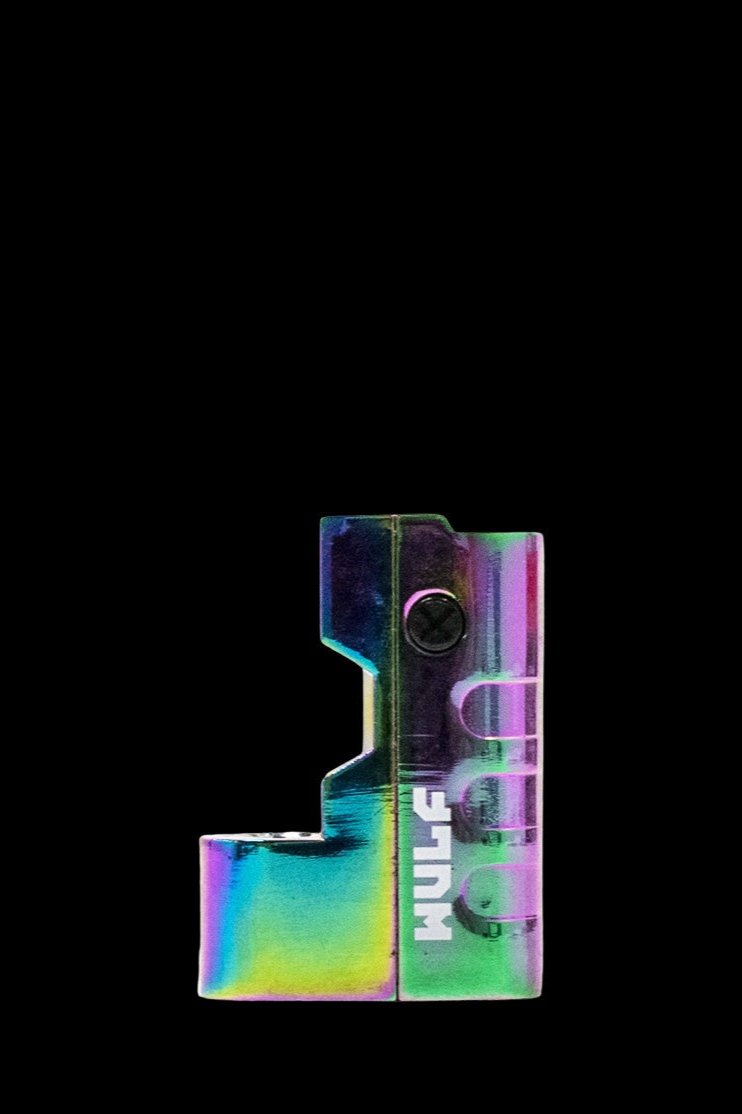 Iridescent glass cannabis pipe against a black background.