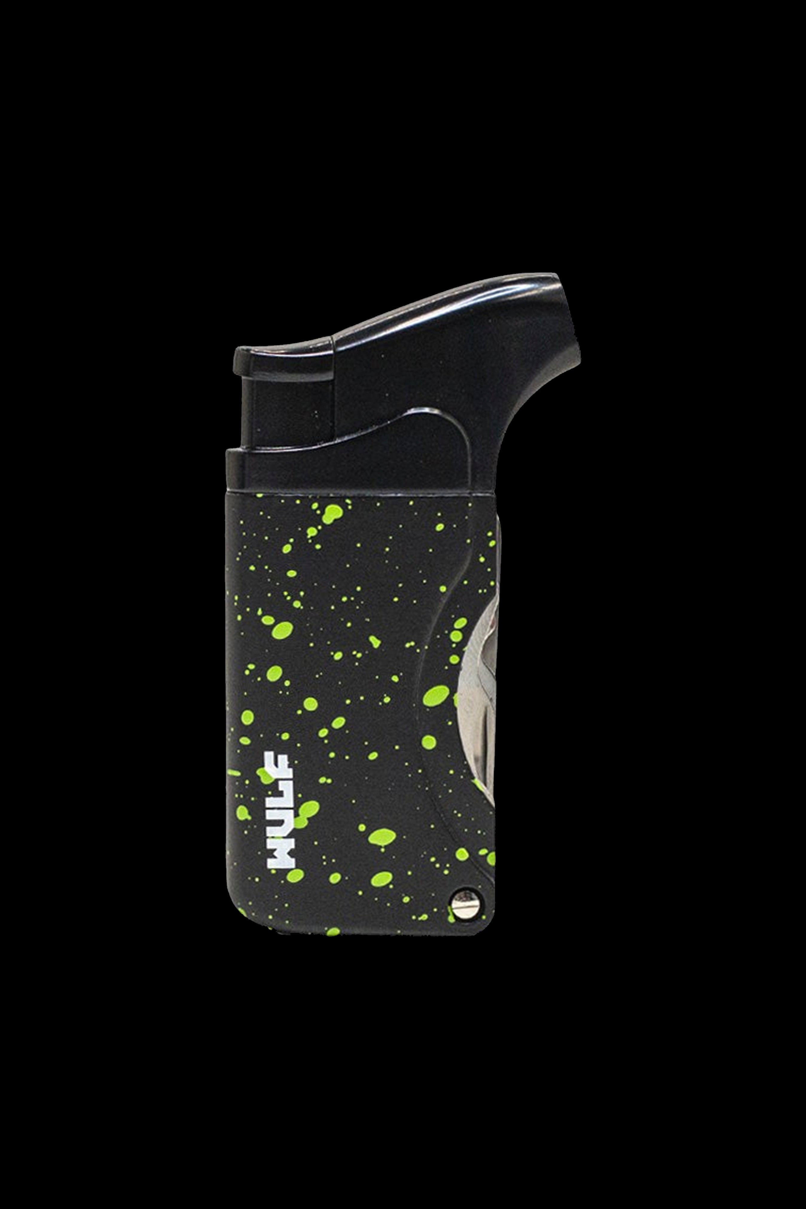 Black torch lighter with green splatter design, branded "HULLE."