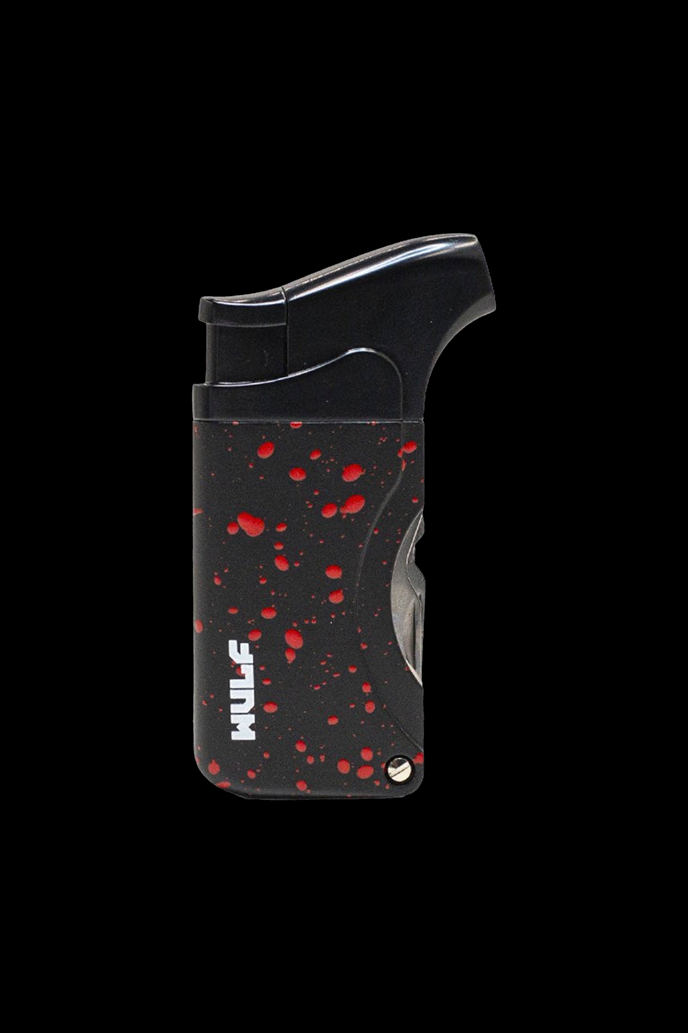 Black torch lighter with red splatter design, branded “WUFE.”