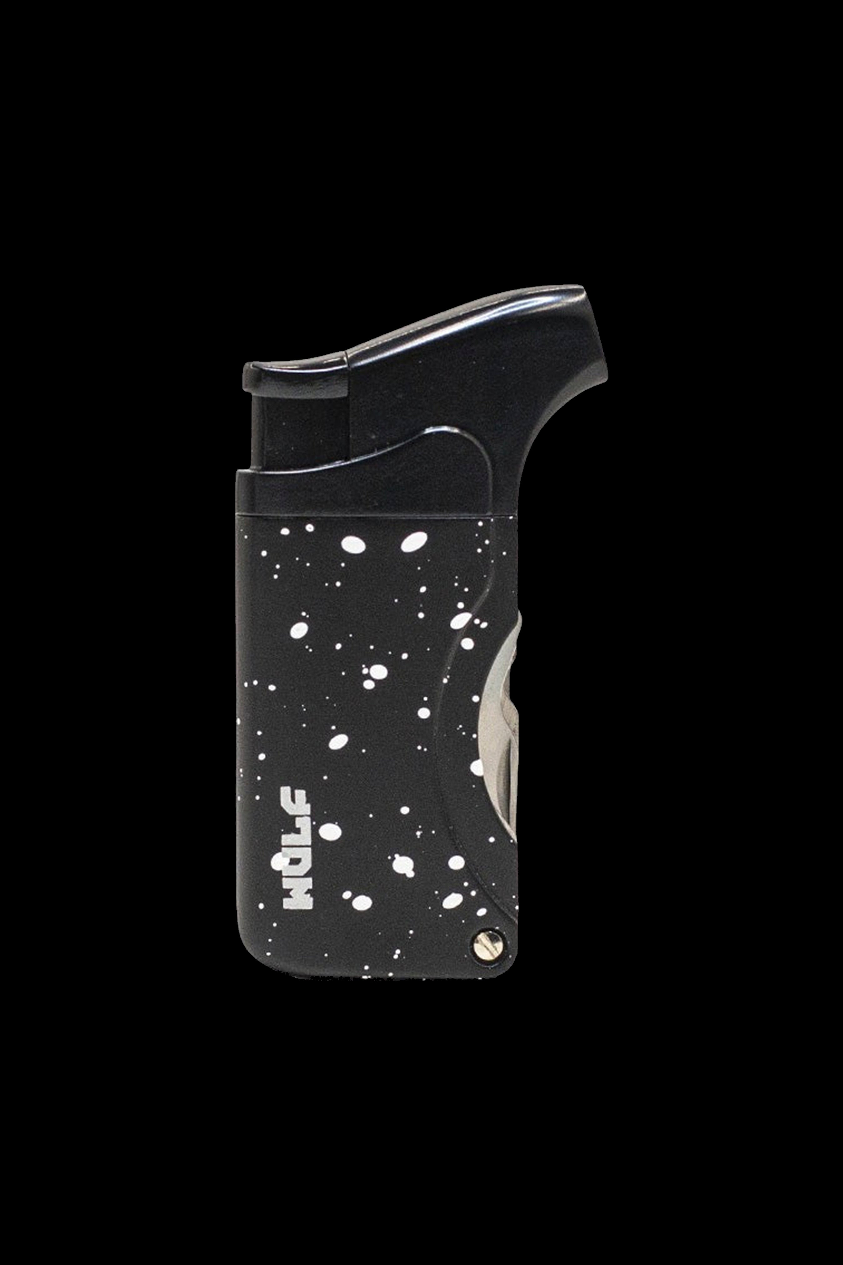 Black torch lighter with white splatter design, likely used for cannabis concentrates.