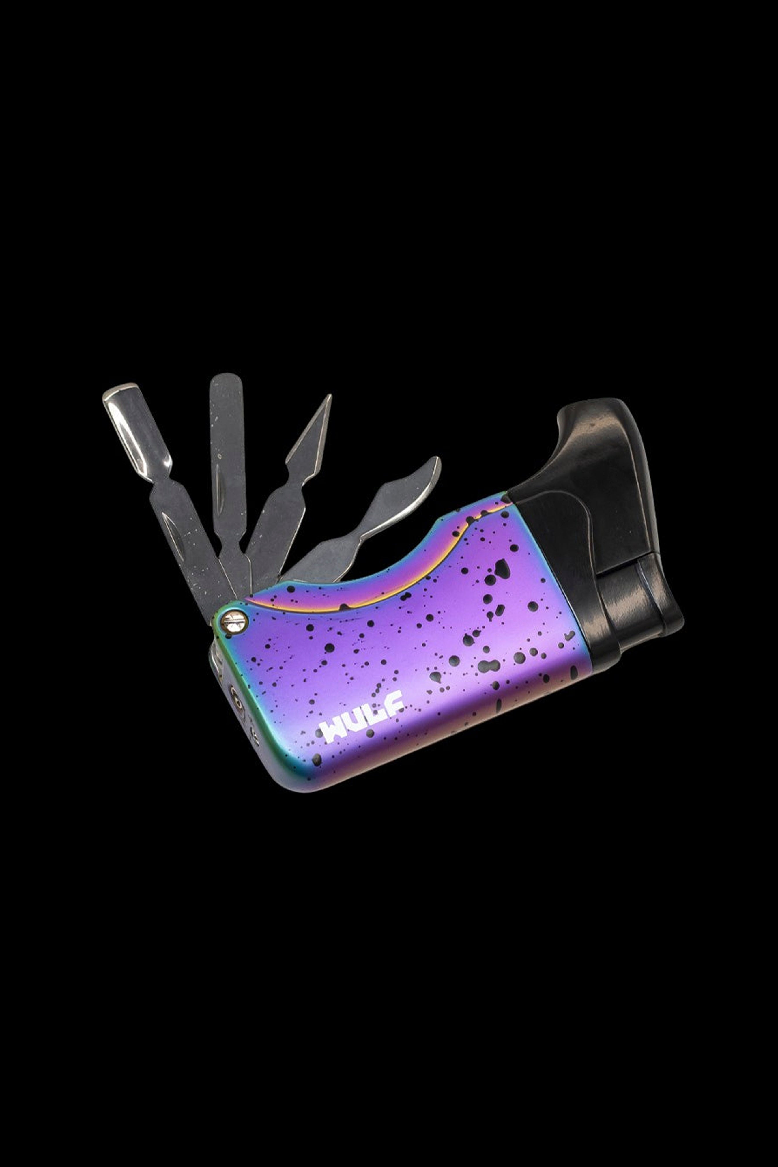 Iridescent cannabis tool with multiple picks and a carrying case, branded “HULP” in white.