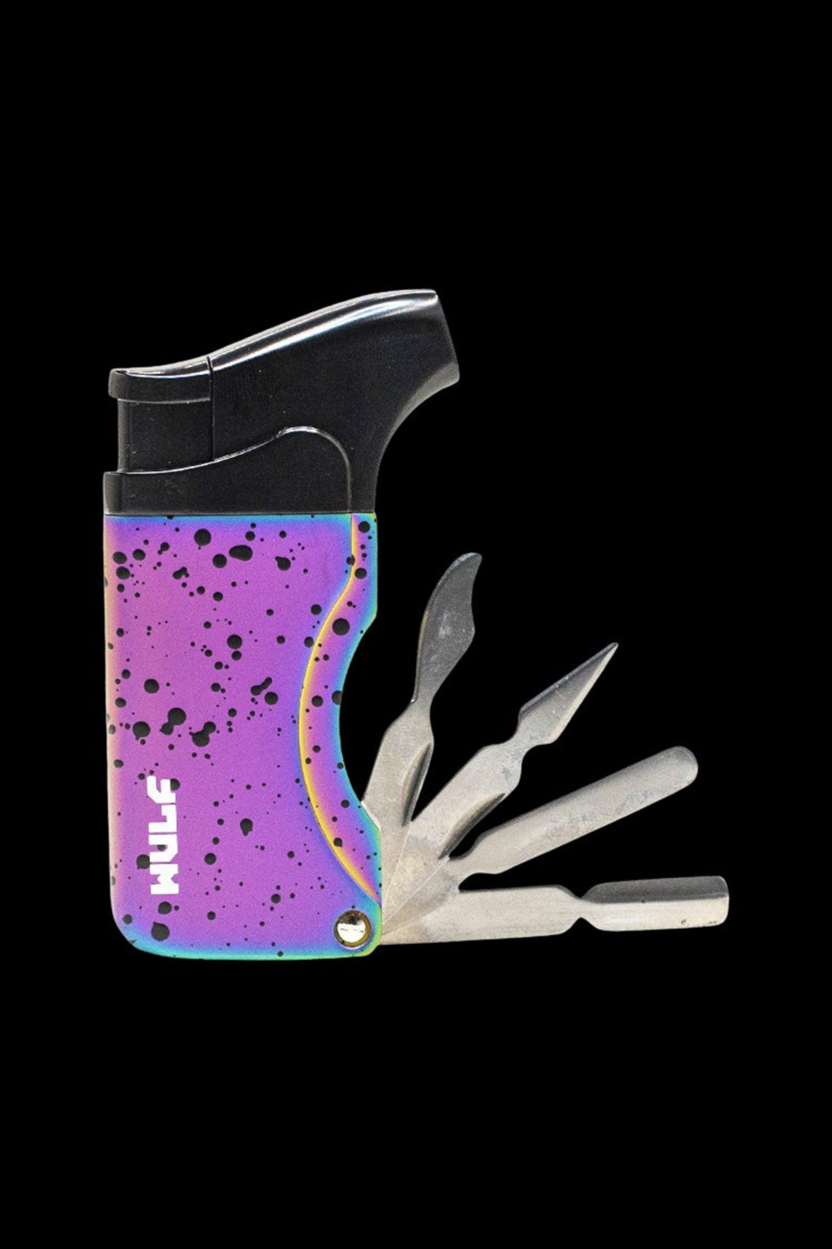 Purple and iridescent multi-tool with a built-in butane lighter, designed for cannabis accessories.