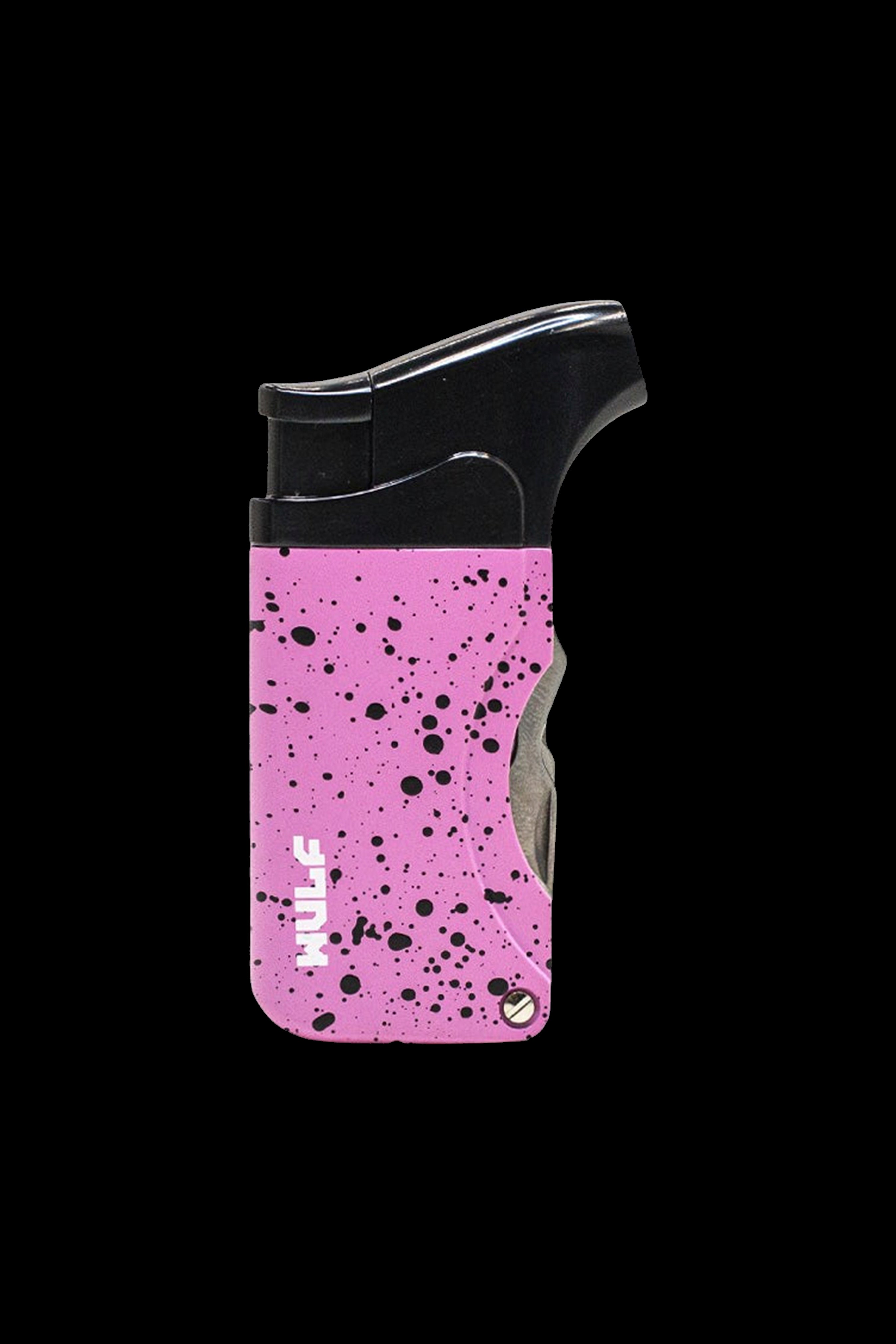 Pink and black splatter-pattern torch lighter for cannabis use.