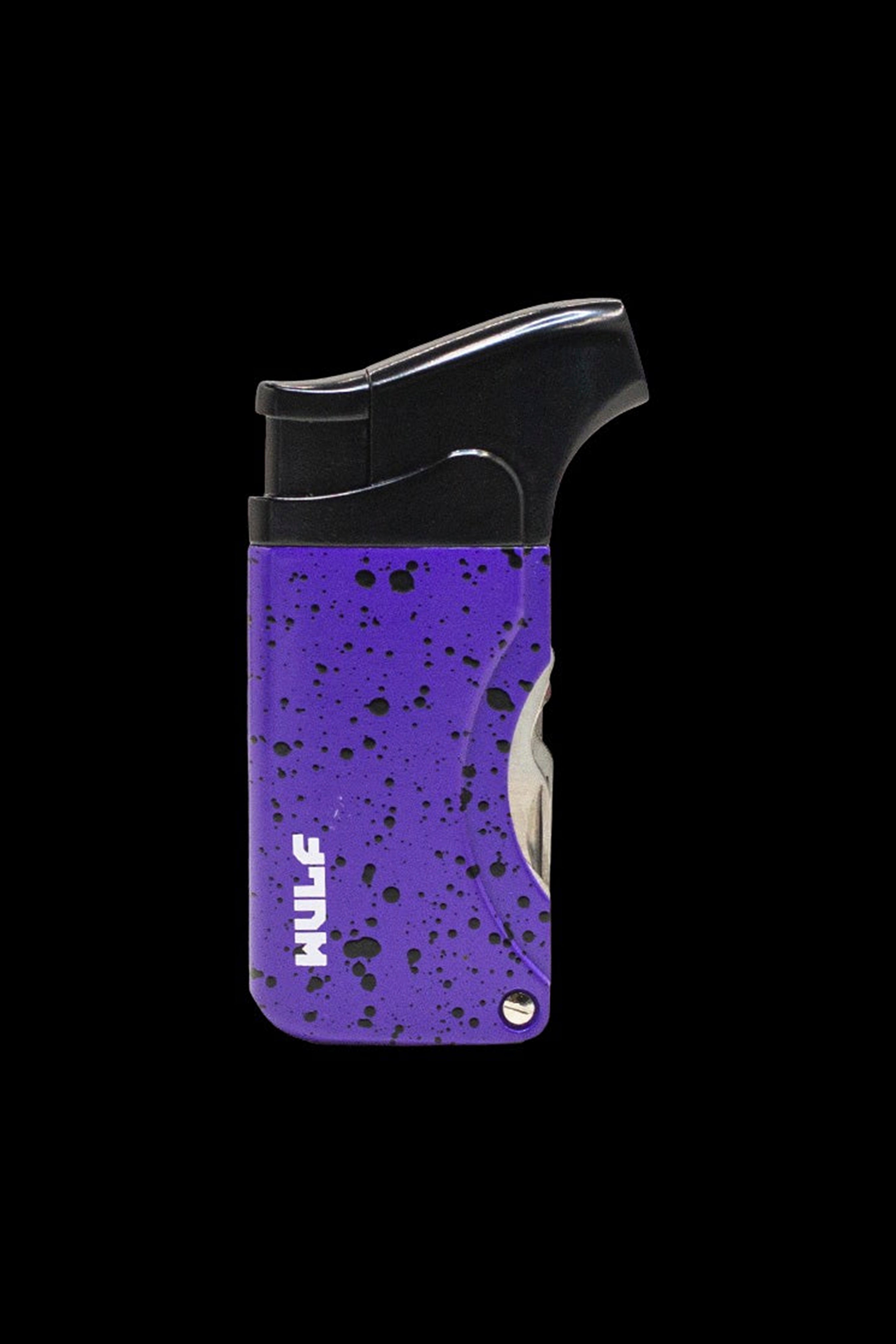 Purple torch lighter with “WULF” branding against a black background.