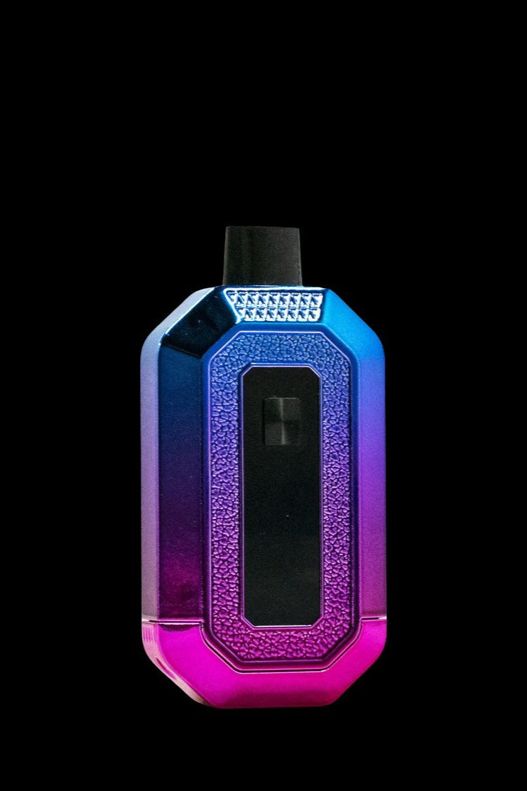 Iridescent cannabis vape pen against a black background.