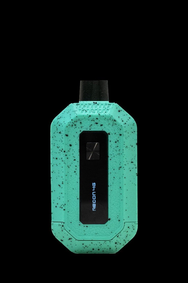 Teal cannabis vaporizer pen with textured grip and digital display.