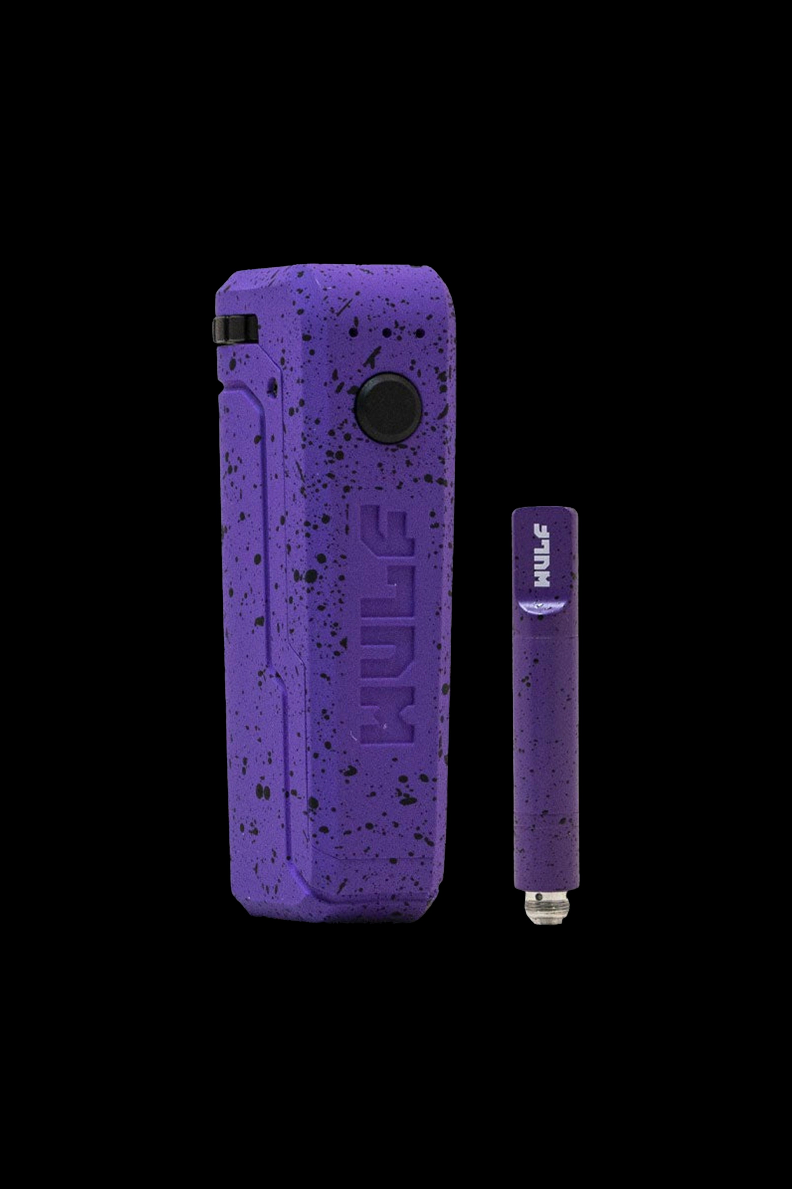 Purple cannabis vape pen and charging case against a black background.