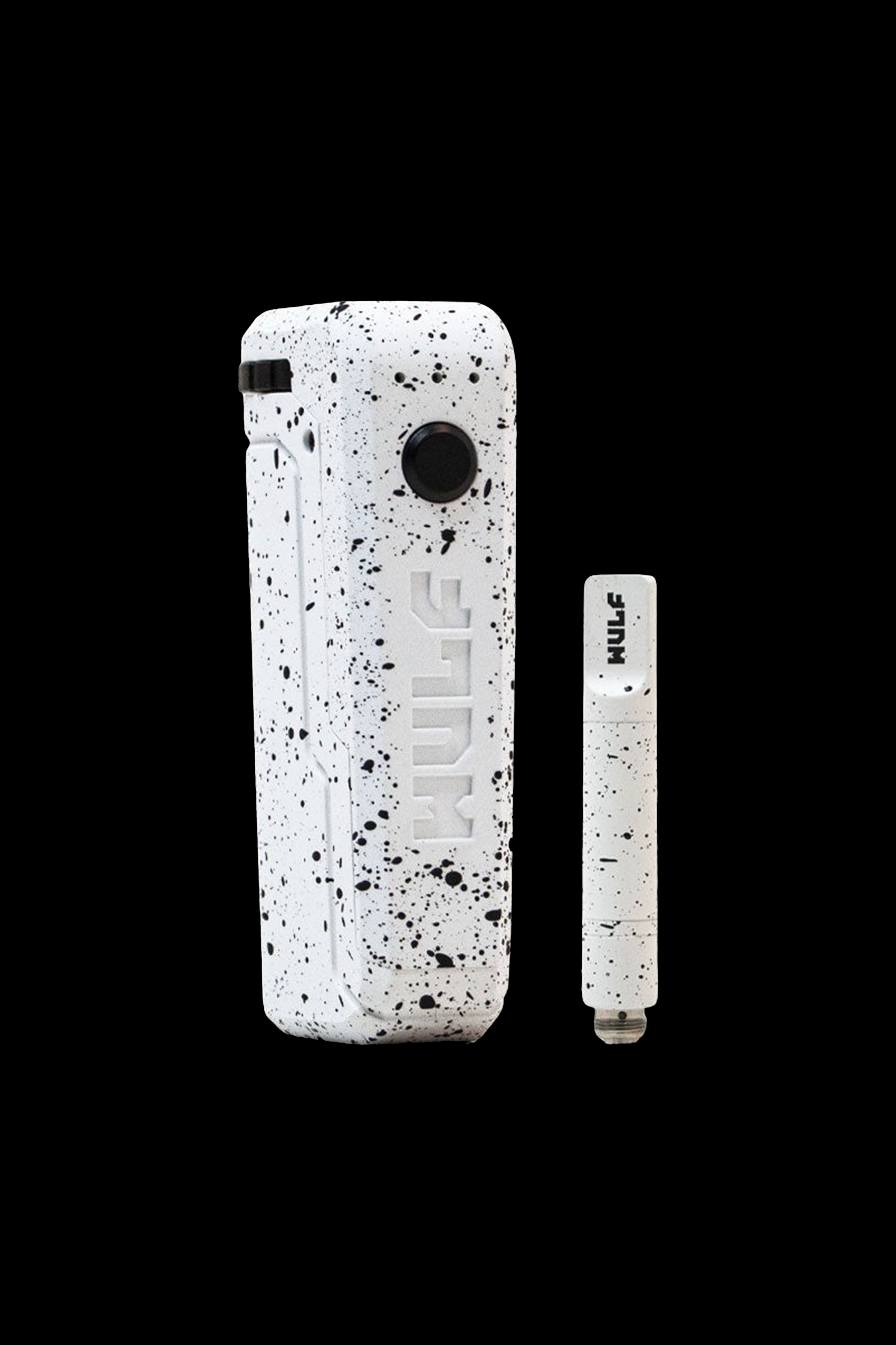 White and black speckled cannabis vape pen and cartridge.