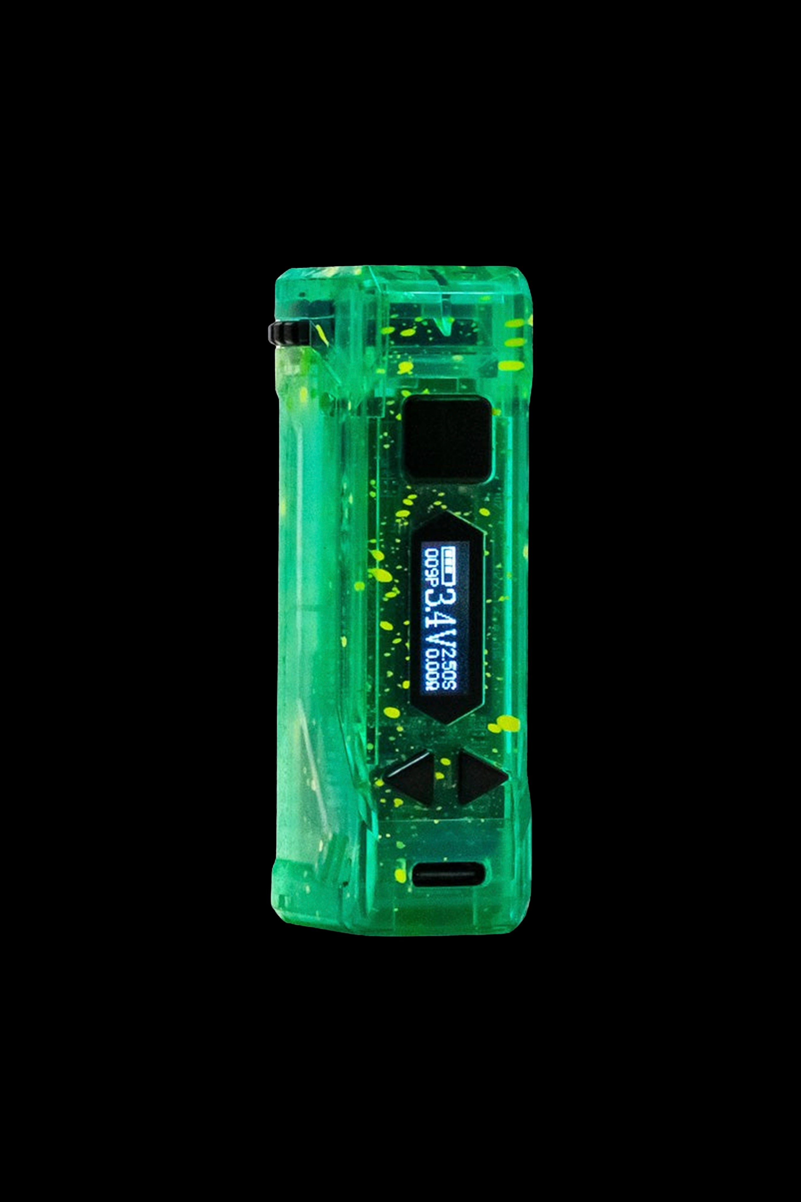 Green and yellow cannabis vaporizer pen on a black background.