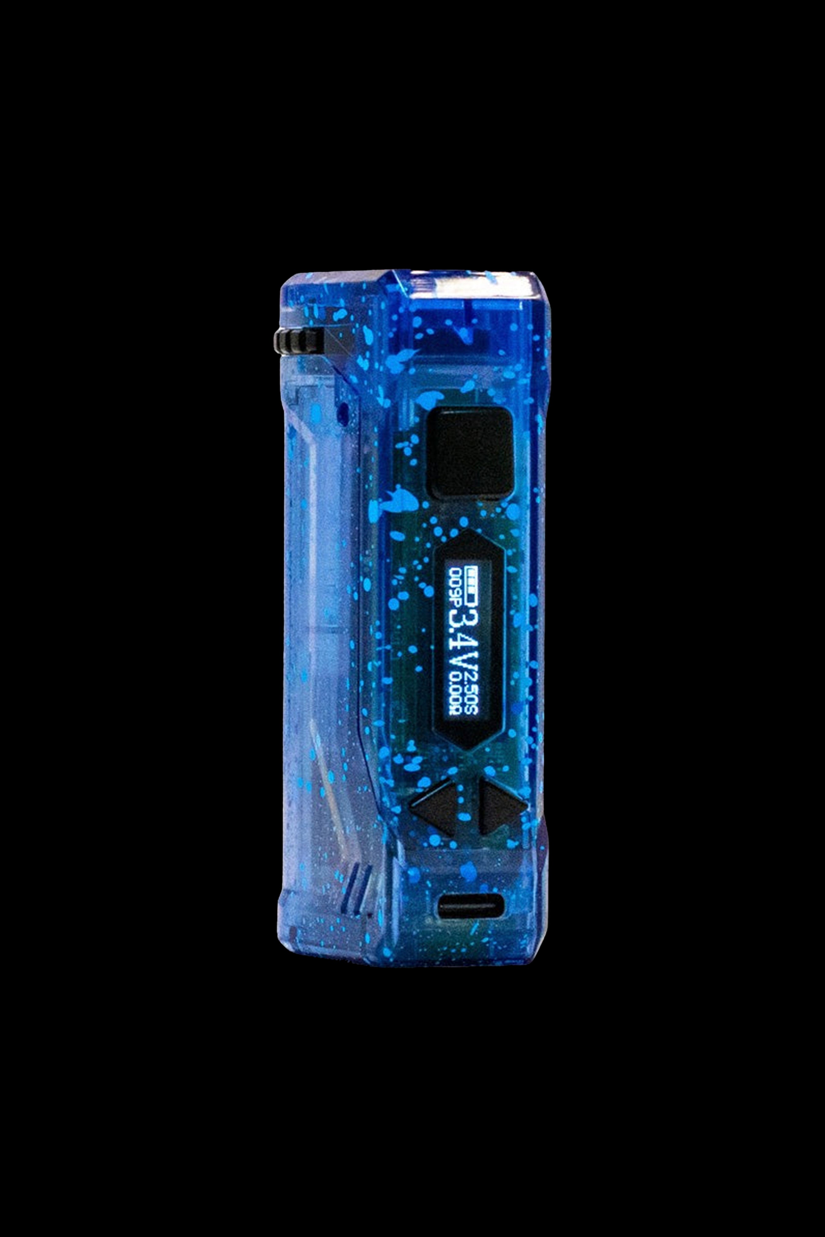 Blue and white speckled electronic vaporizer device on a black background.