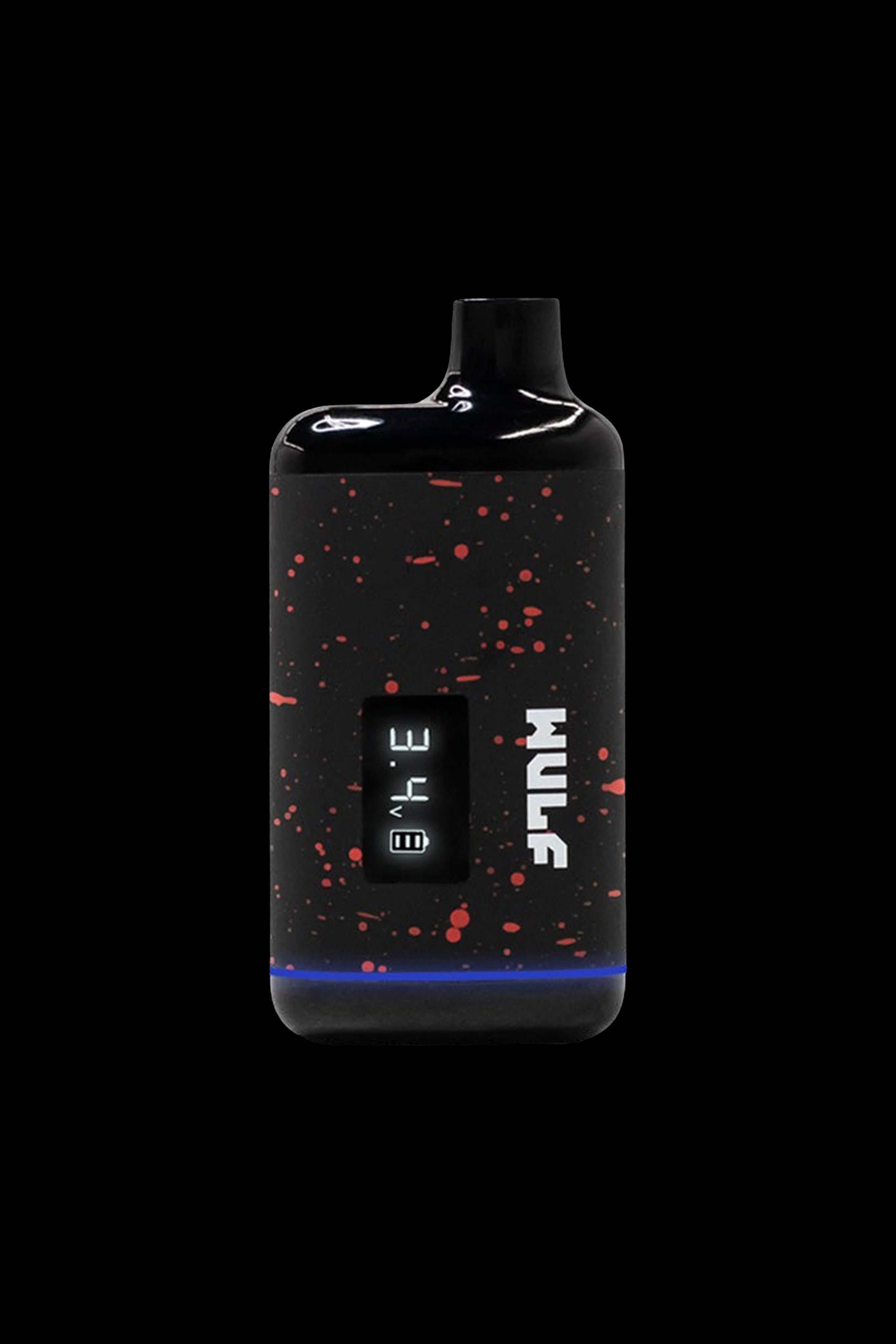 Red and black cannabis oil vape pen with digital display.