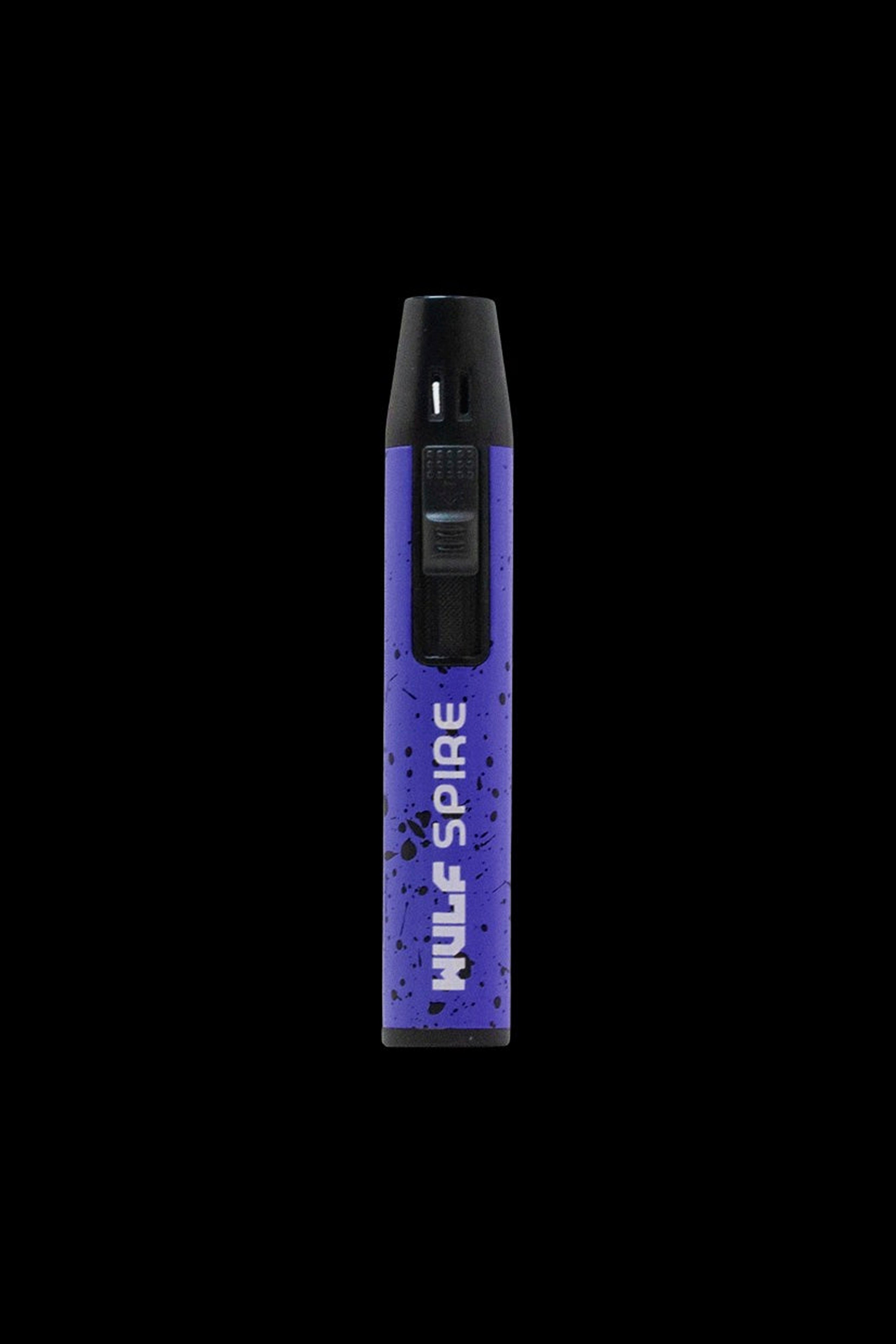Front view of the Wulf Mods Spire Pen Torch, a sleek, black handheld device with a metallic tip, against a dark background.