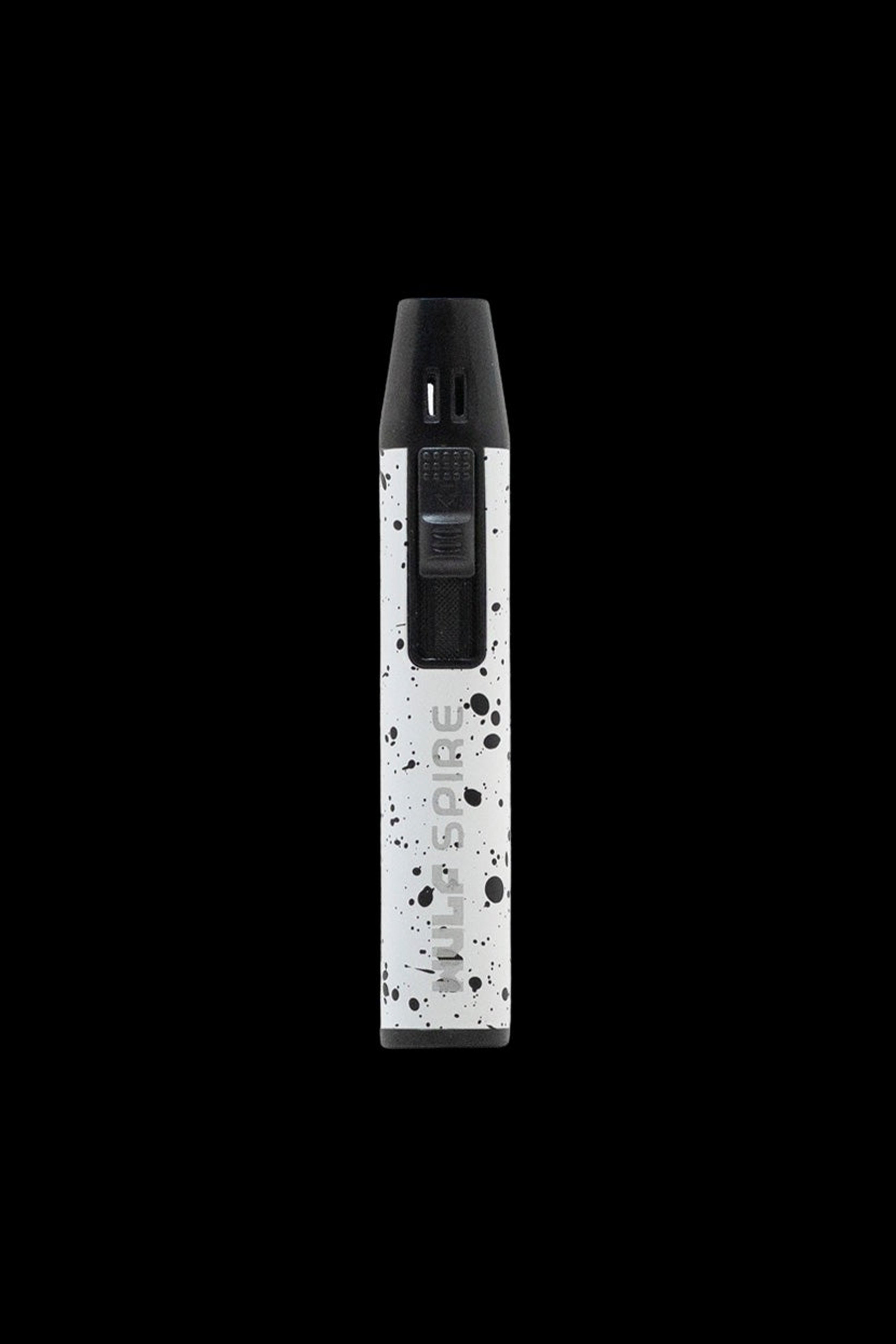 Front view of the Wulf Mods Spire Pen Torch, showcasing its sleek, silver casing and illuminated tip on a dark background.