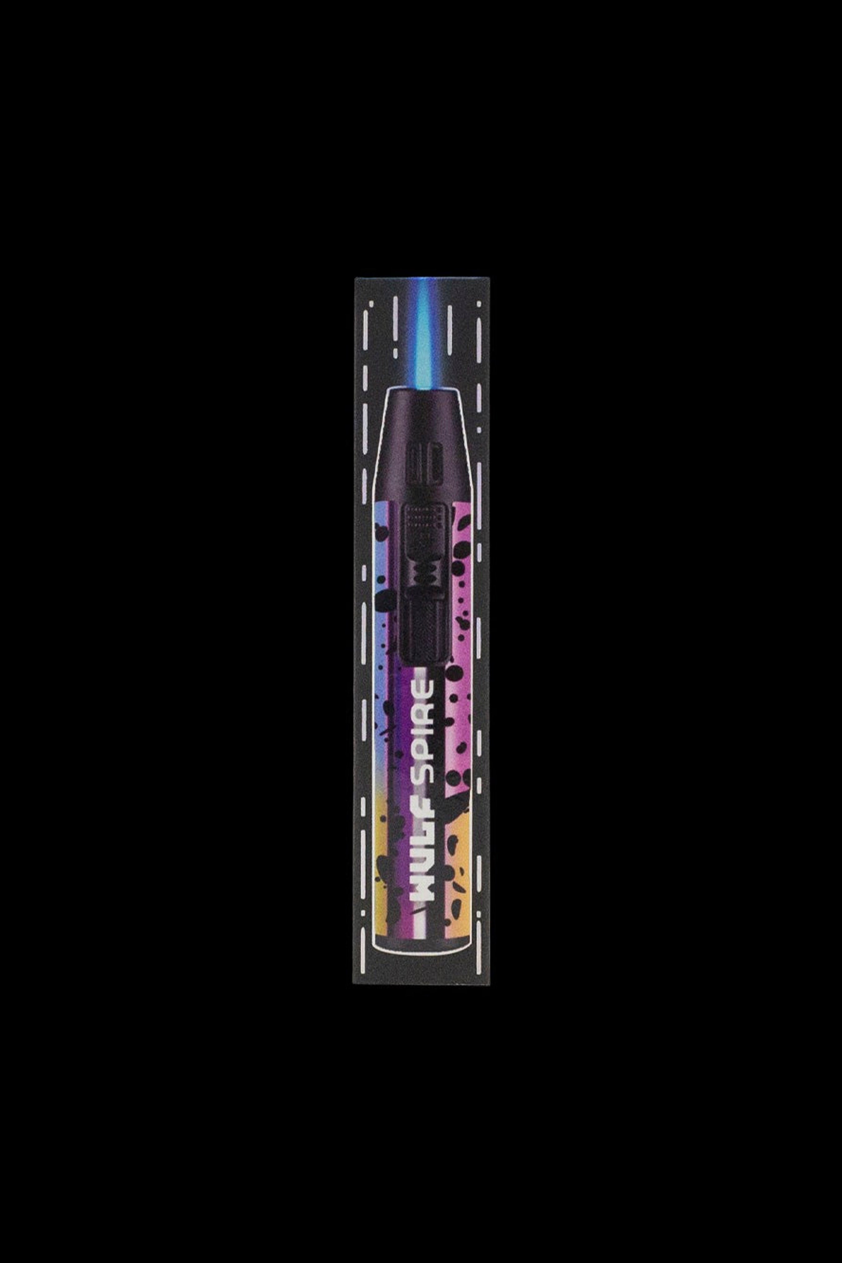 Neon pink and blue cannabis pen packaging with “Wulf Spire” branding against a black background.