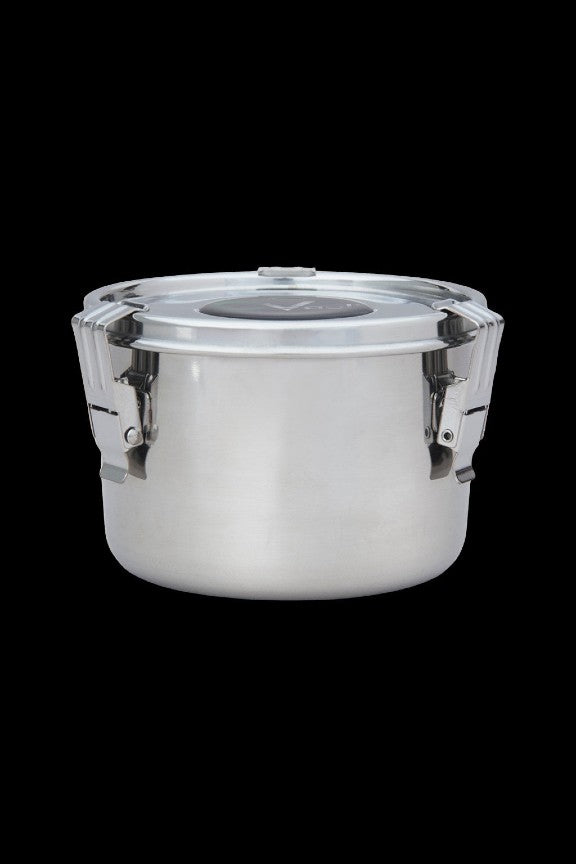 Silver cannabis storage jar with airtight clamp lid.