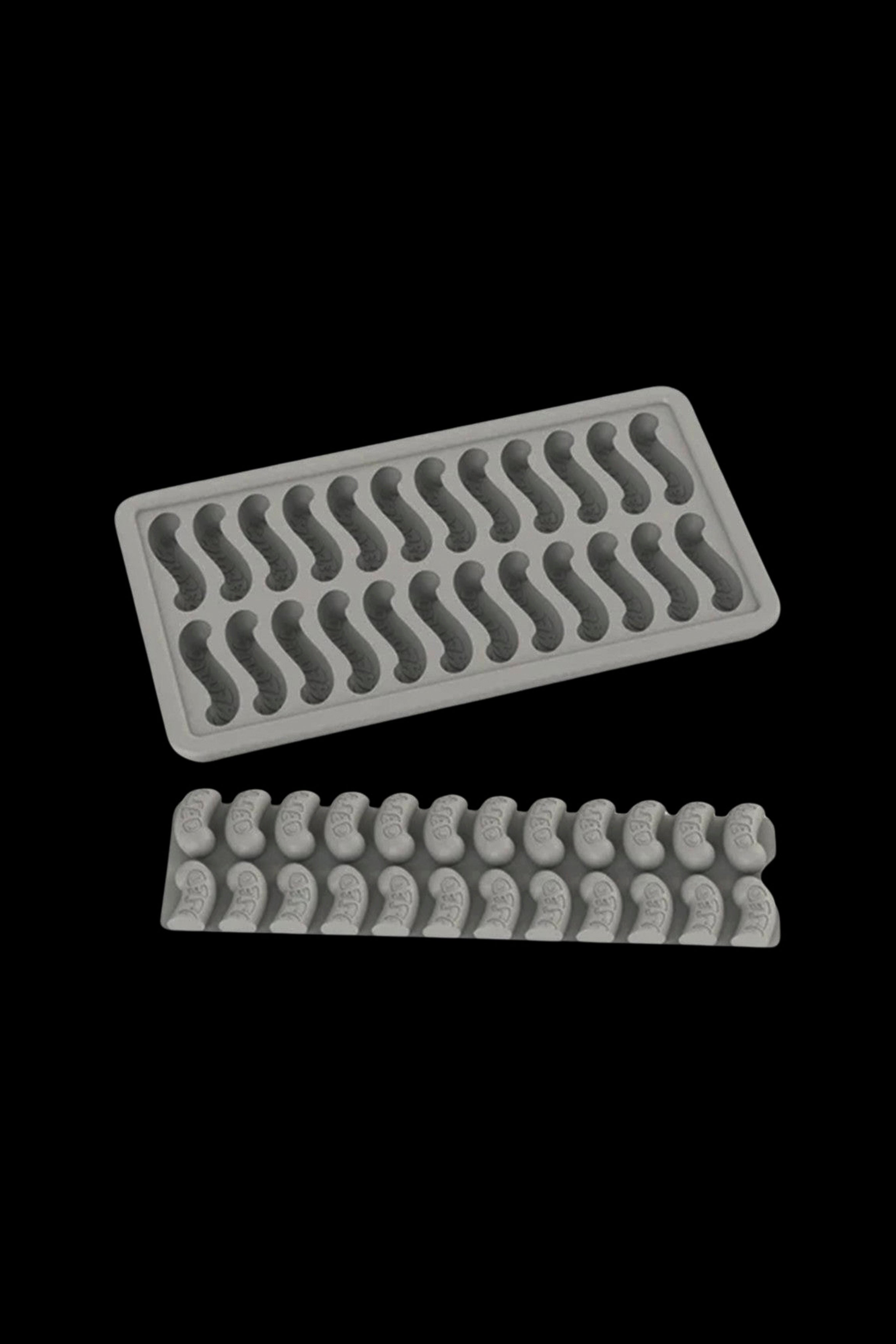 Silicone ice cube tray with cannabis leaf-shaped molds.