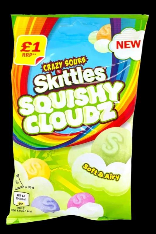 Pack of Skittles Squishy Cloudz candy, marketed with bright colors and a "soft & airy" tagline, often used as code for cannabis-infused edibles.
