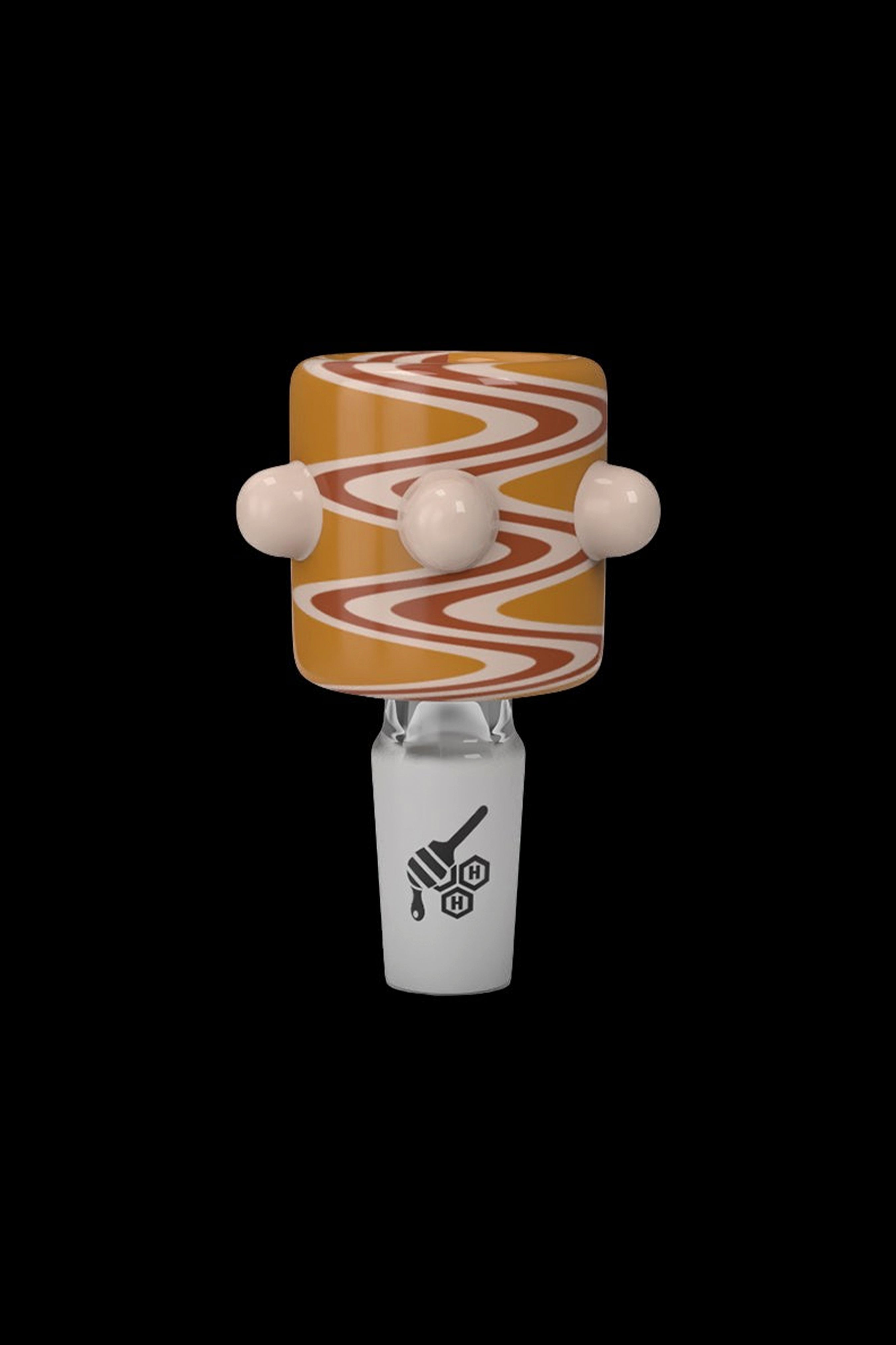 Glass dab rig with a caramel-colored swirl design and a hexagonal logo.