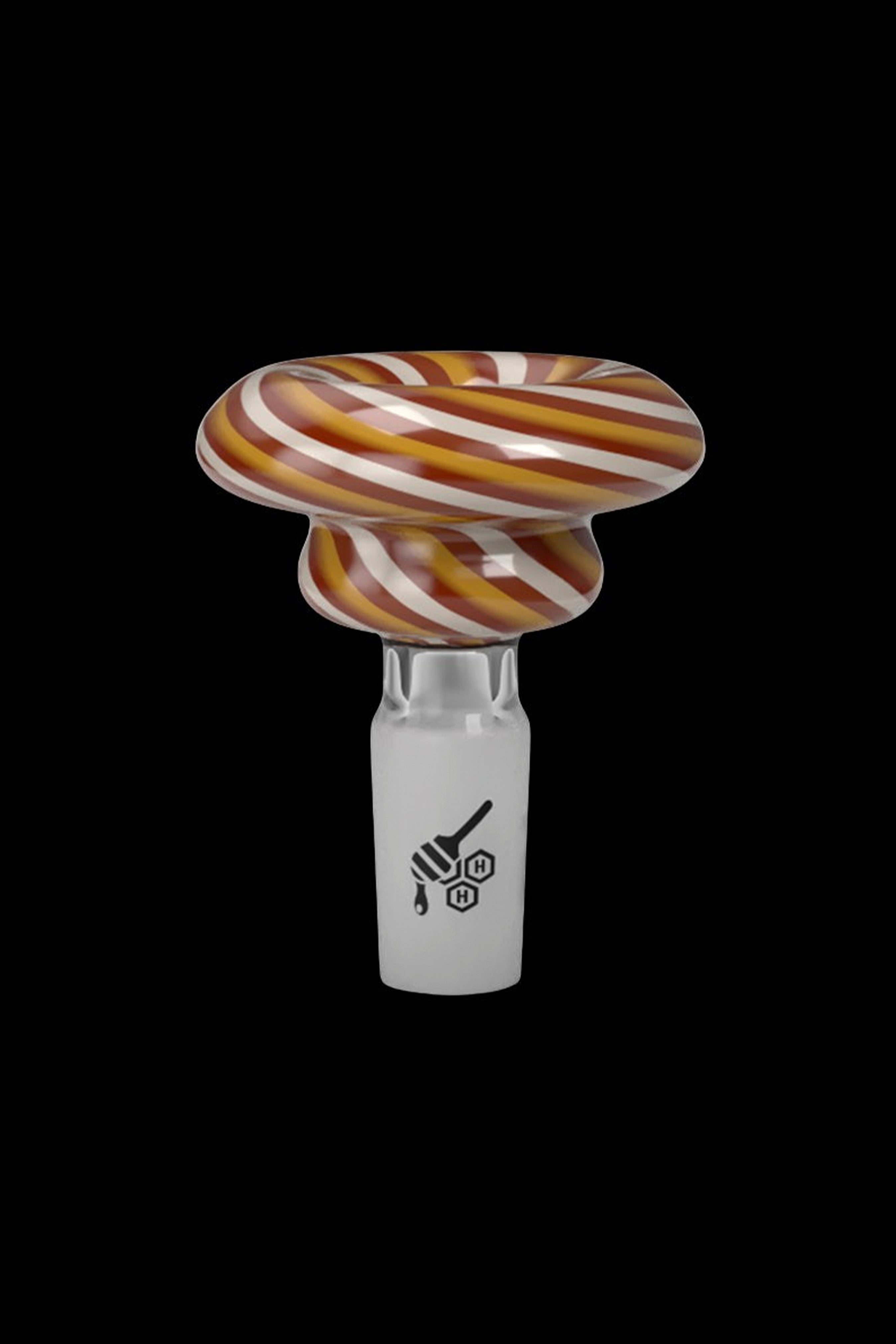 Glass cannabis bowl with swirling orange and white patterns.