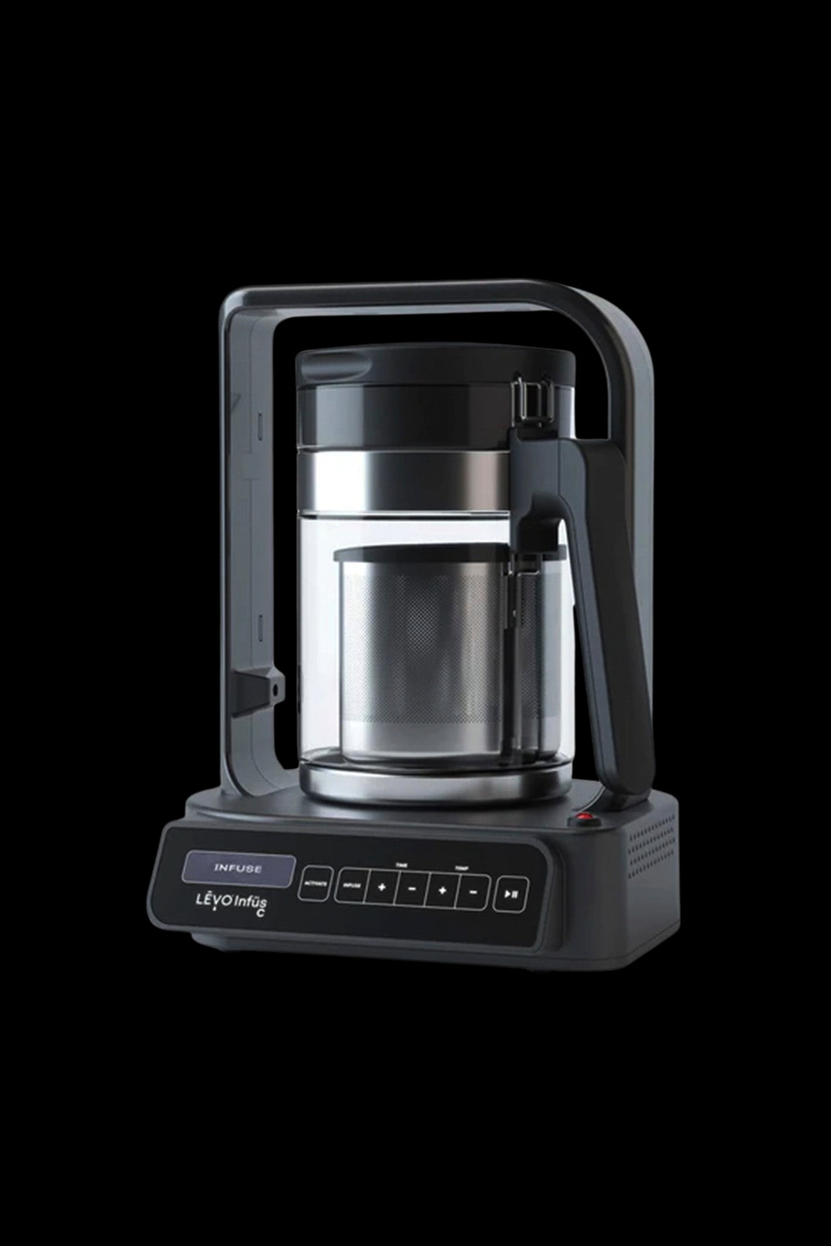 Black and silver cannabis infusion appliance with digital display.