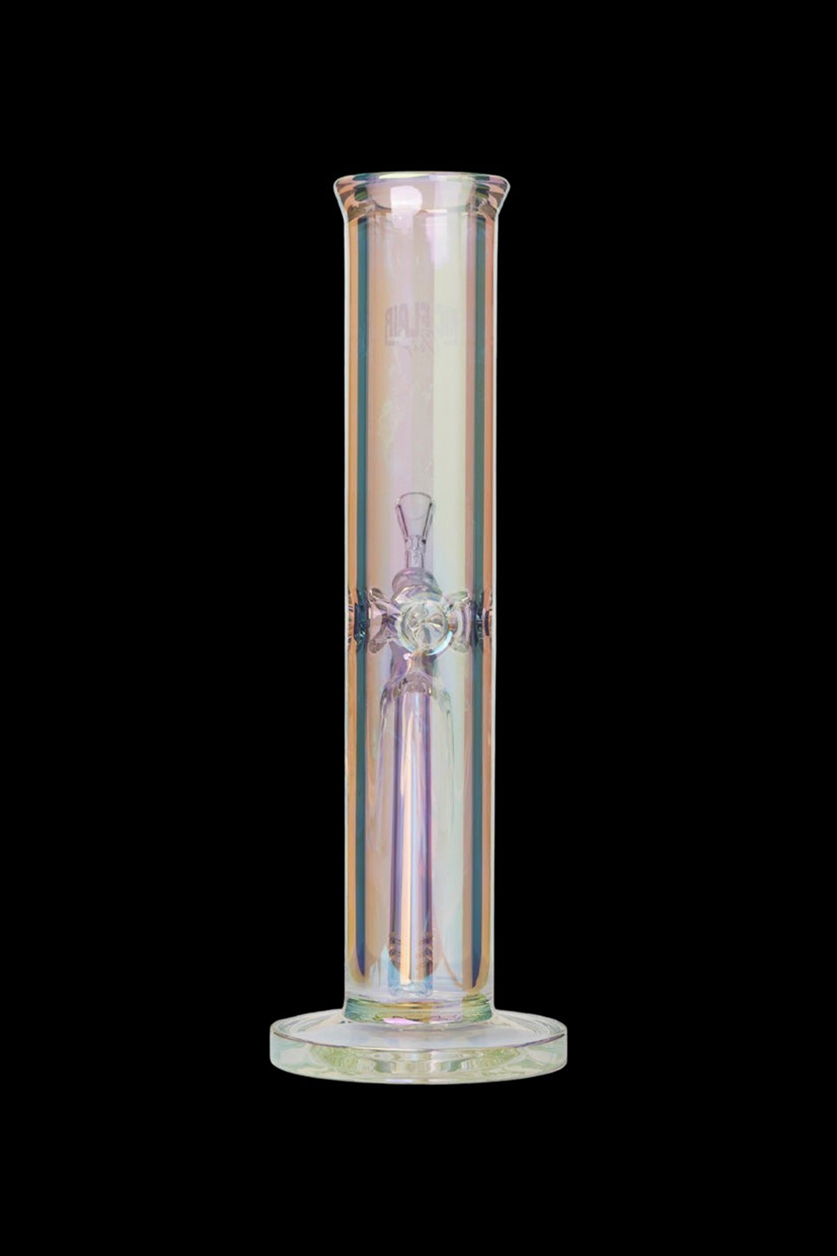 Iridescent glass bong with intricate percolator.