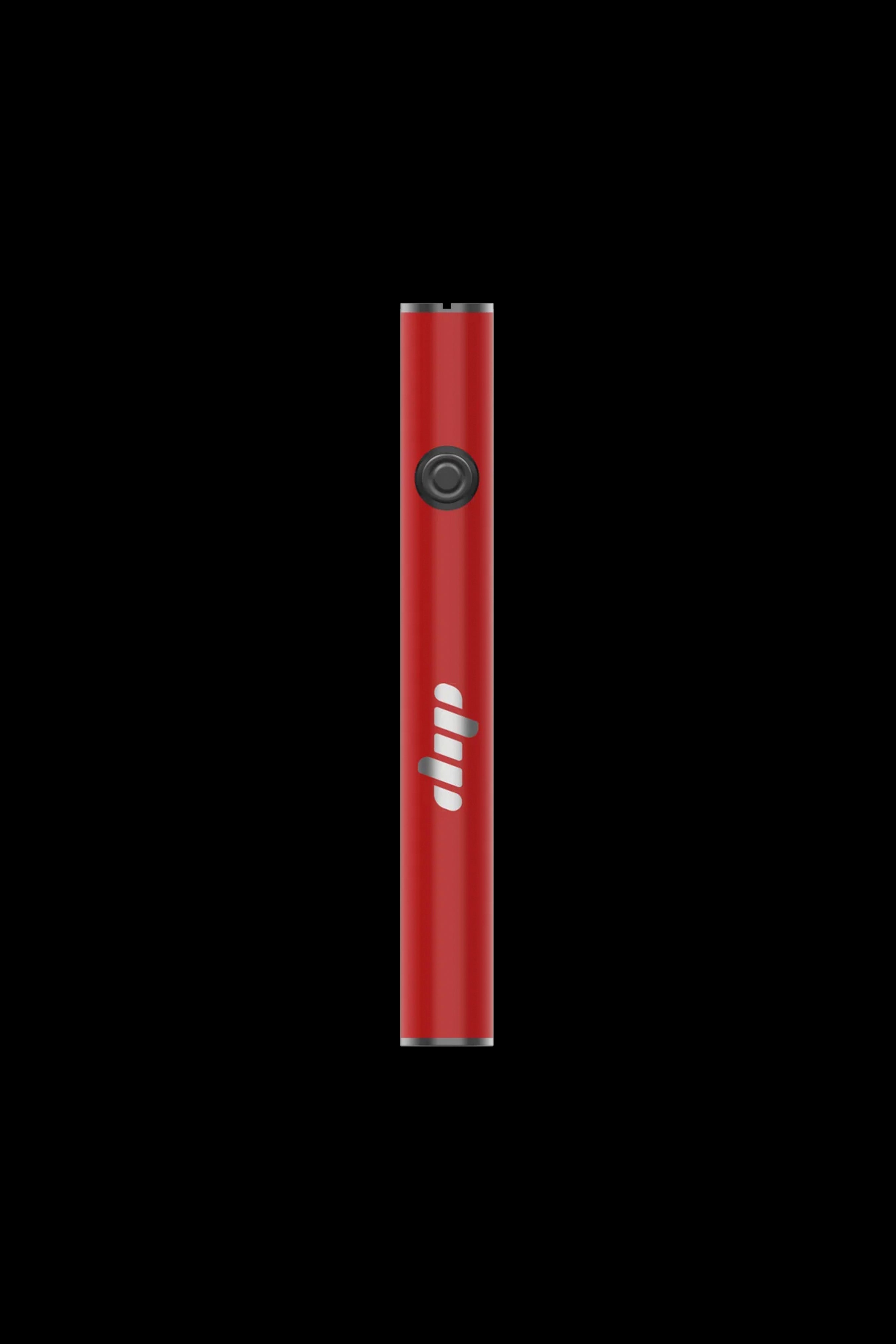 Red cannabis vape pen with silver accents, isolated on a black background.