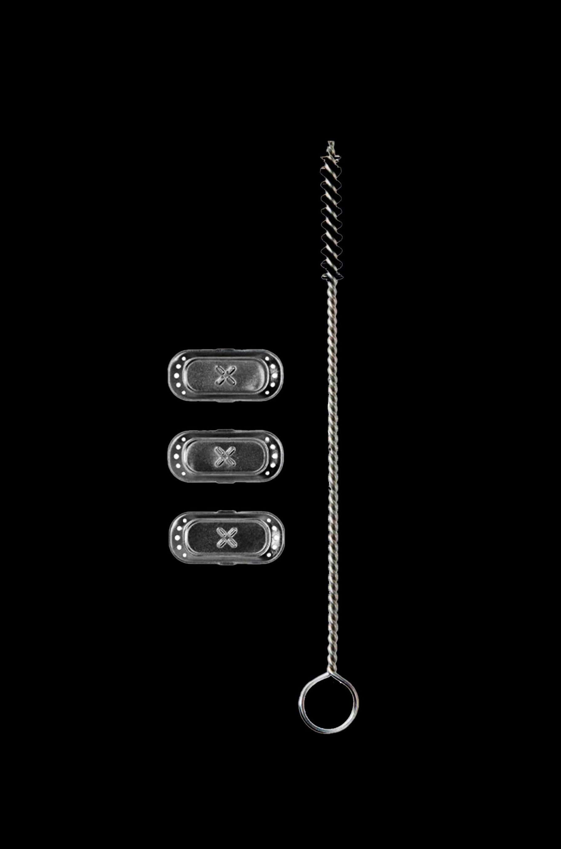 Silver cannabis pipe screens and cleaning tool on a black background.