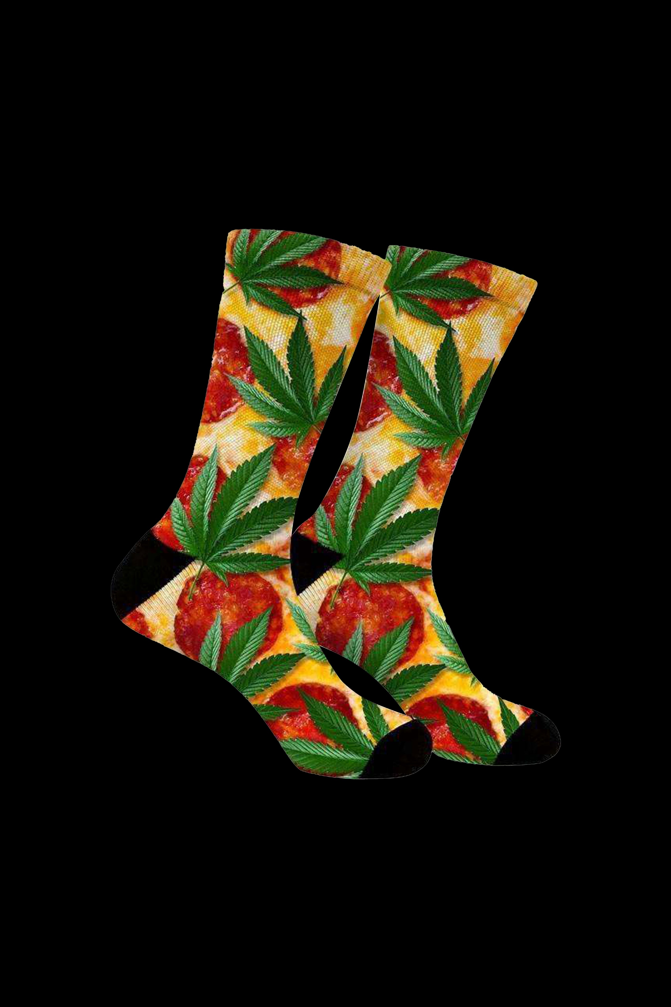 Knee-high socks patterned with pepperoni pizza slices and cannabis leaves against a black background.
