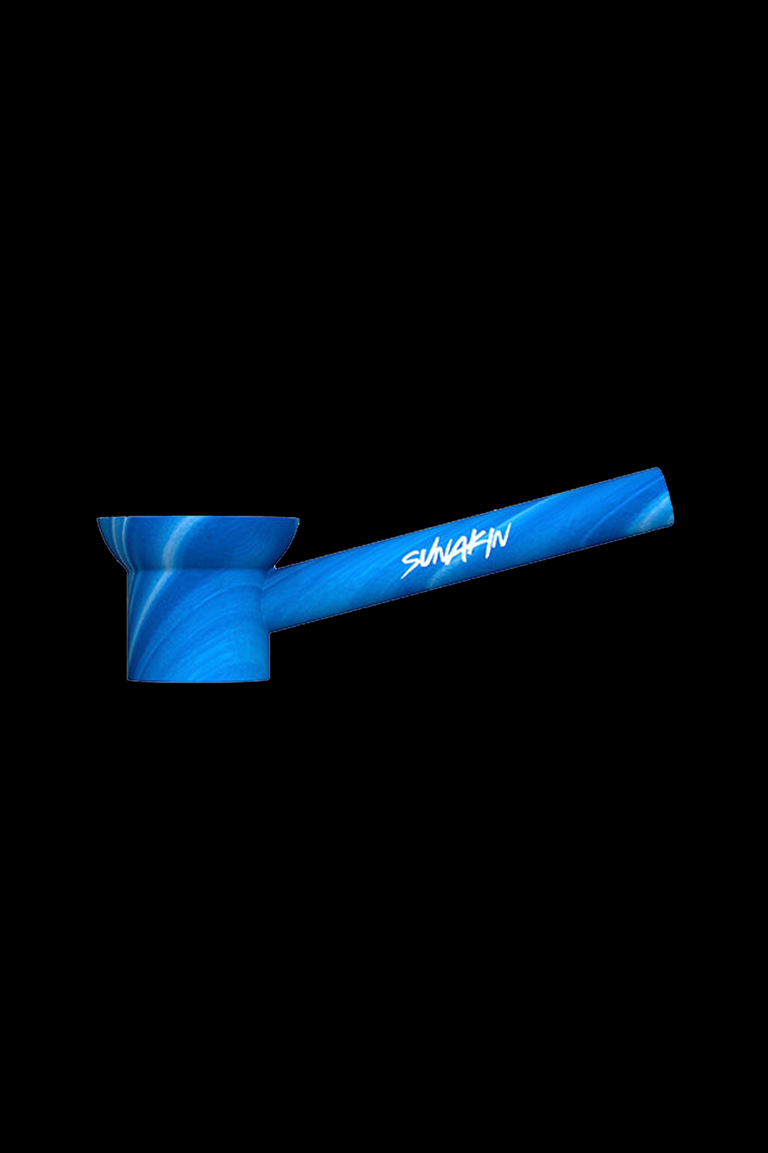 Blue glass pipe with "Sunakin" branding against a black background.