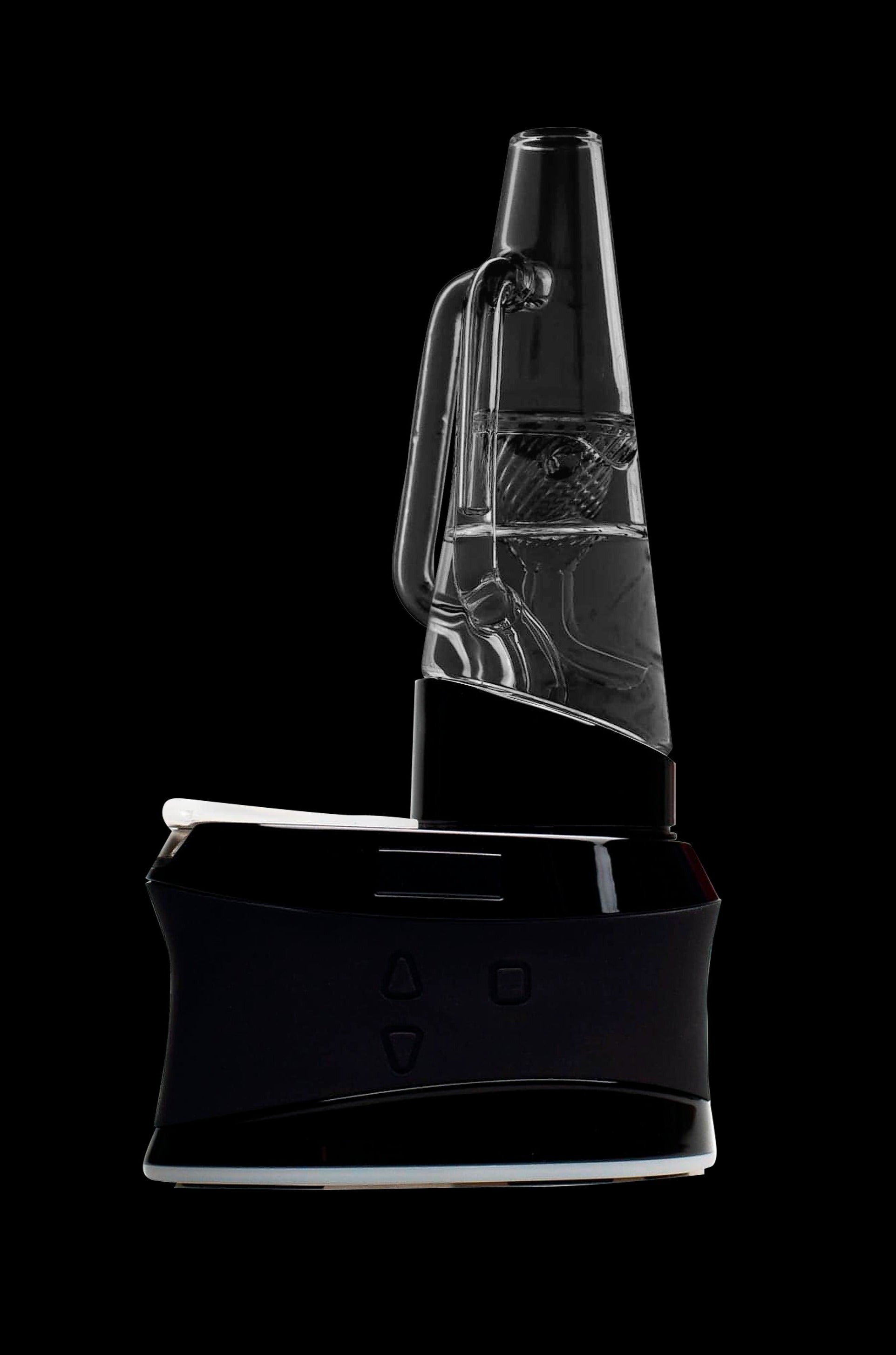 A glass and electronic cannabis dab rig on a black surface.