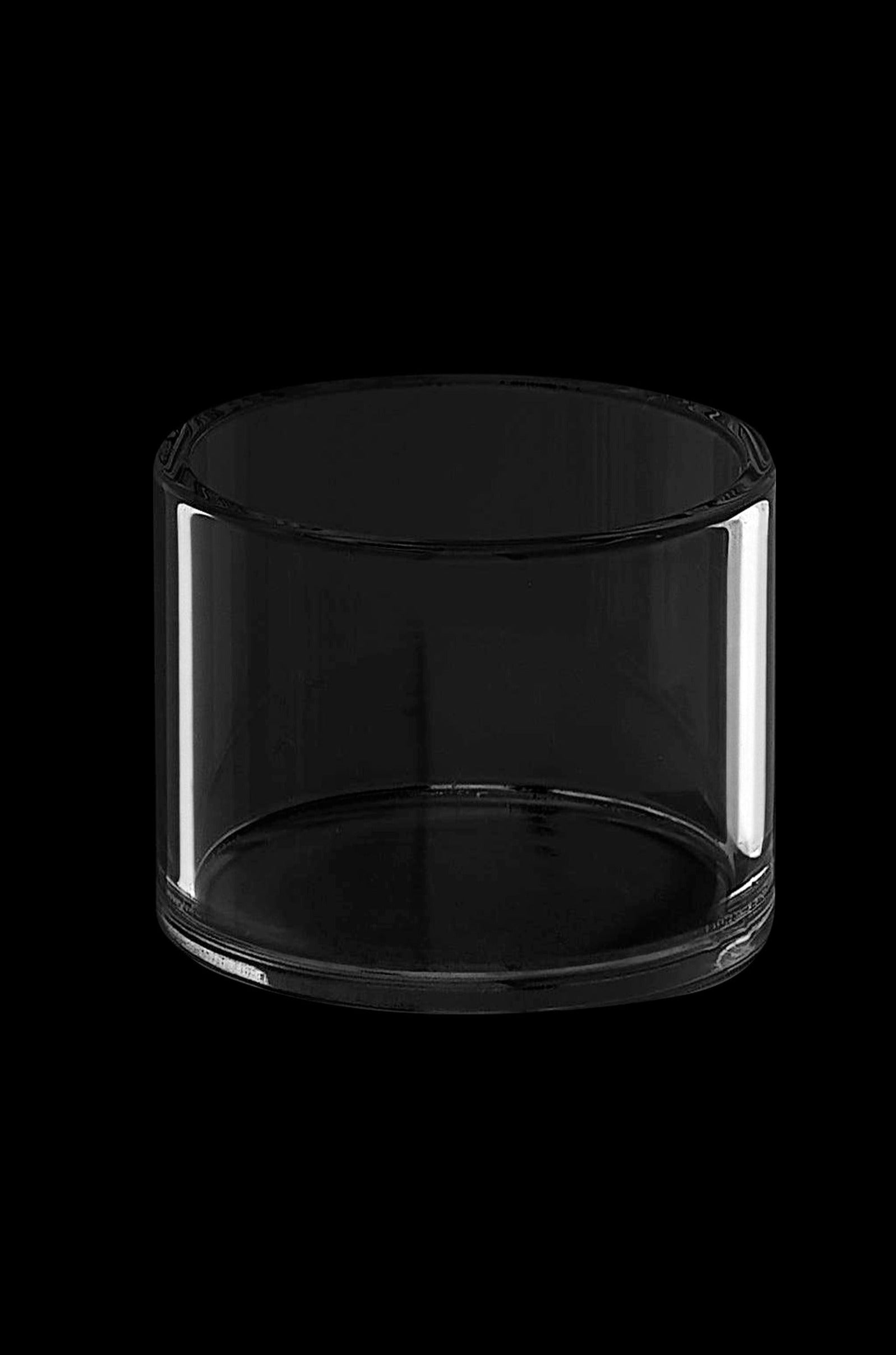 Sleek black cylindrical glass display case with illuminated vertical stripes, likely for showcasing cannabis products.