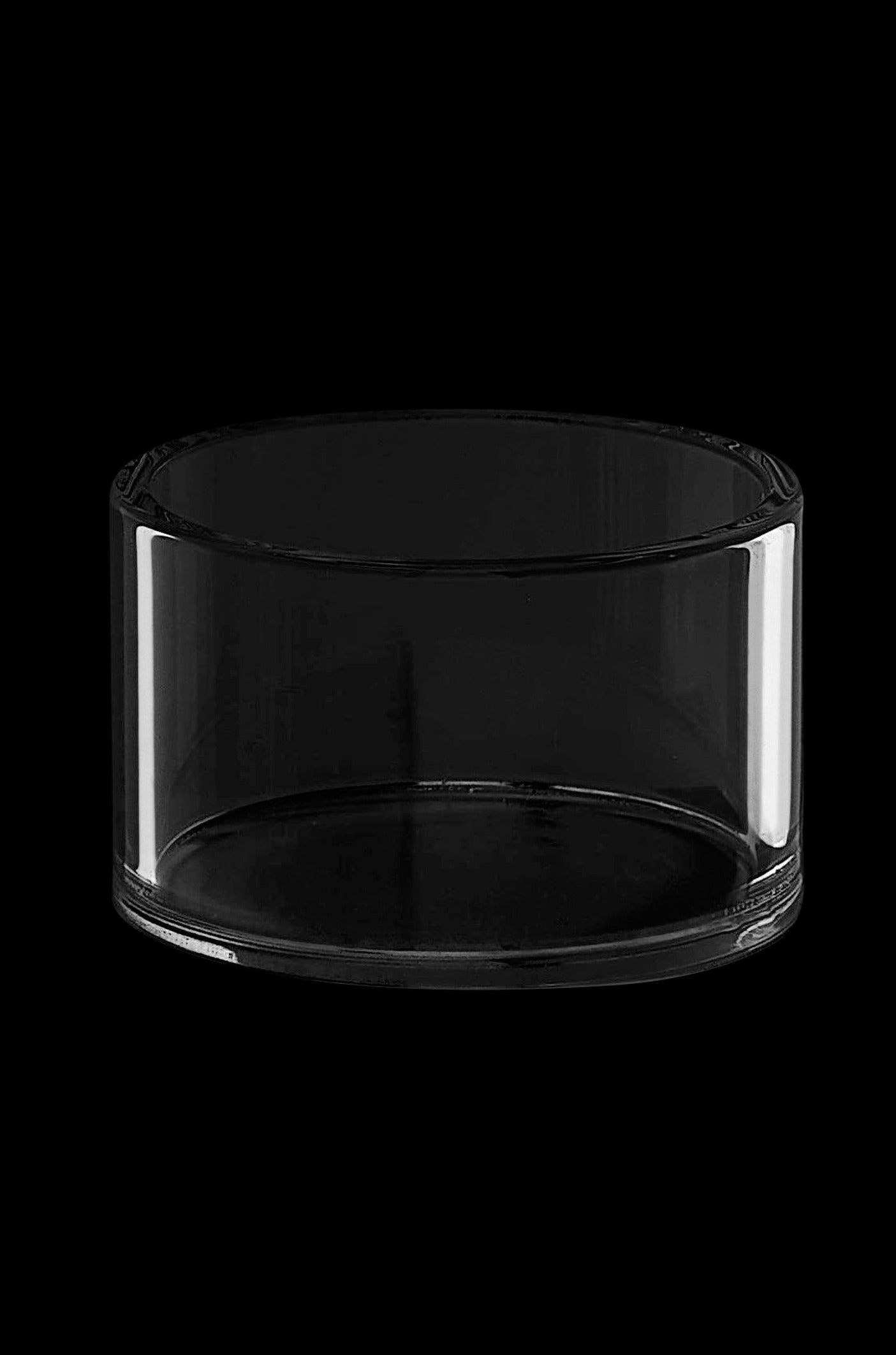 Sleek, cylindrical glass storage jar with a silver lid, likely for cannabis.