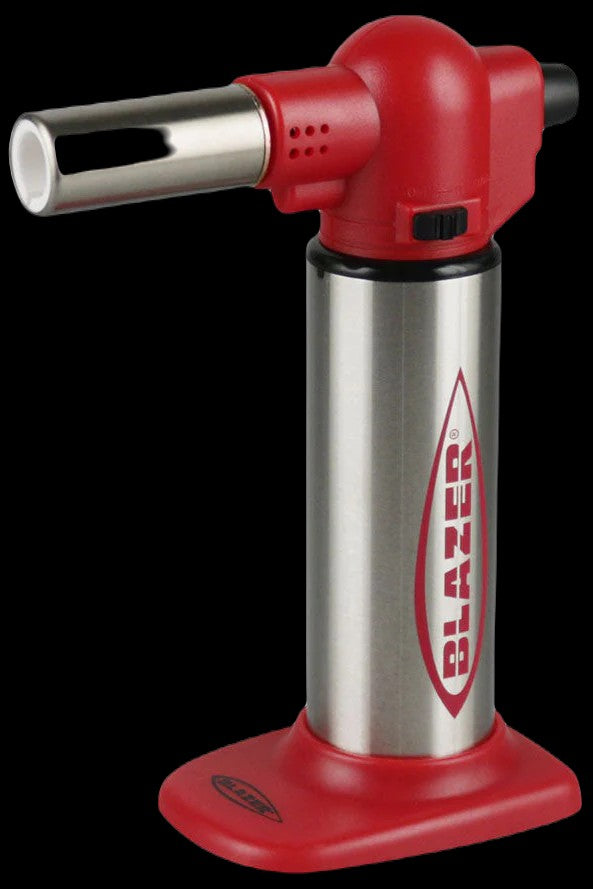 Red and silver butane torch with “Blazer” logo, commonly used for dabbing cannabis concentrates.