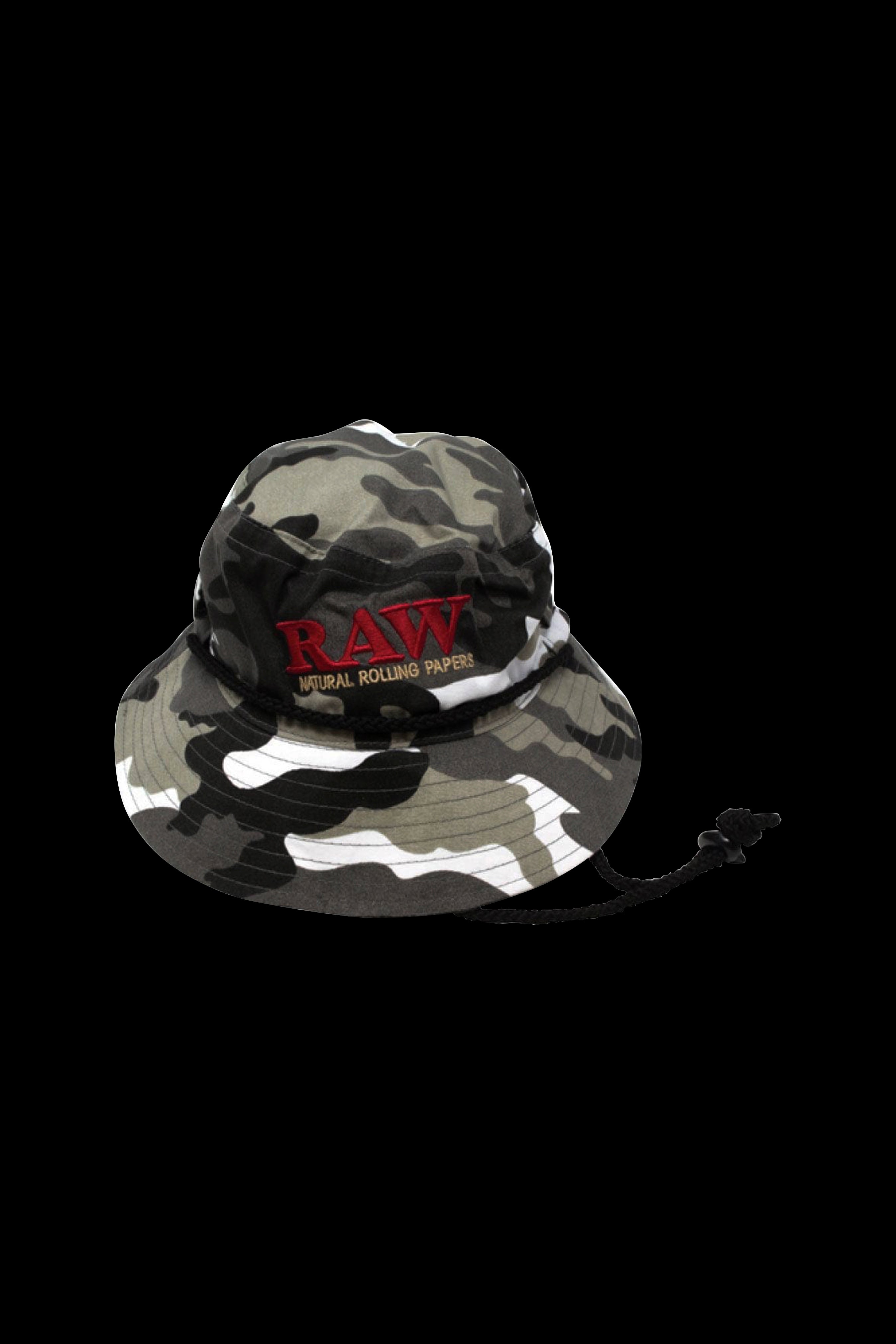 A camouflage bucket hat with a red “RAW Natural Rolling Papers” patch on the front.