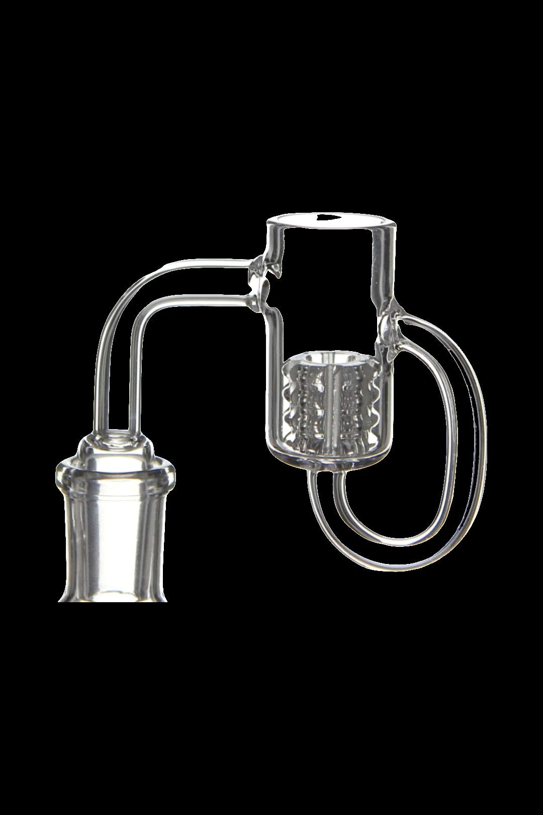 Clear glass oil rig banger with a looped design and filtration chamber.