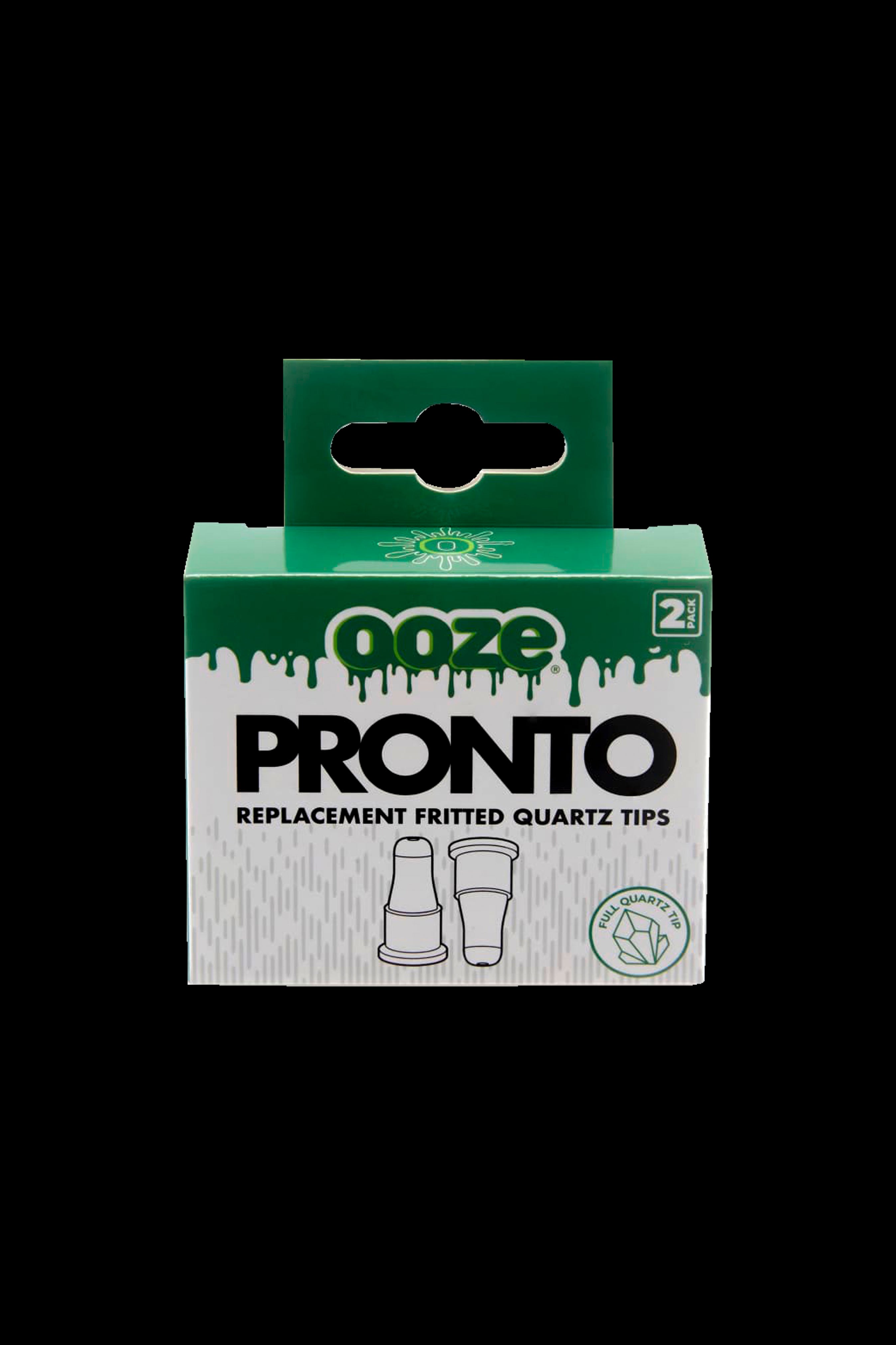 Ooze Pronto replacement frittered quartz tips packaging, a two-pack for use with dab pens.