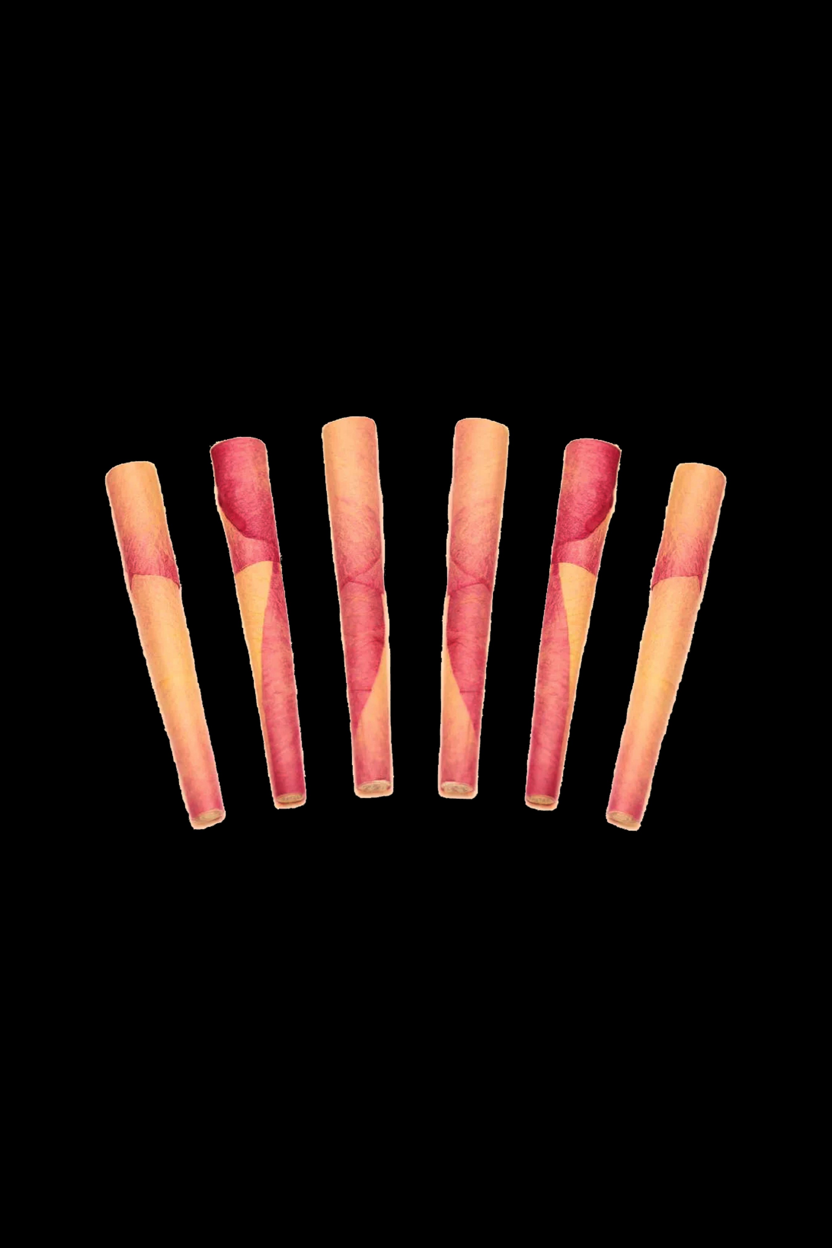Seven pre-rolled cannabis cigarettes against a black background.