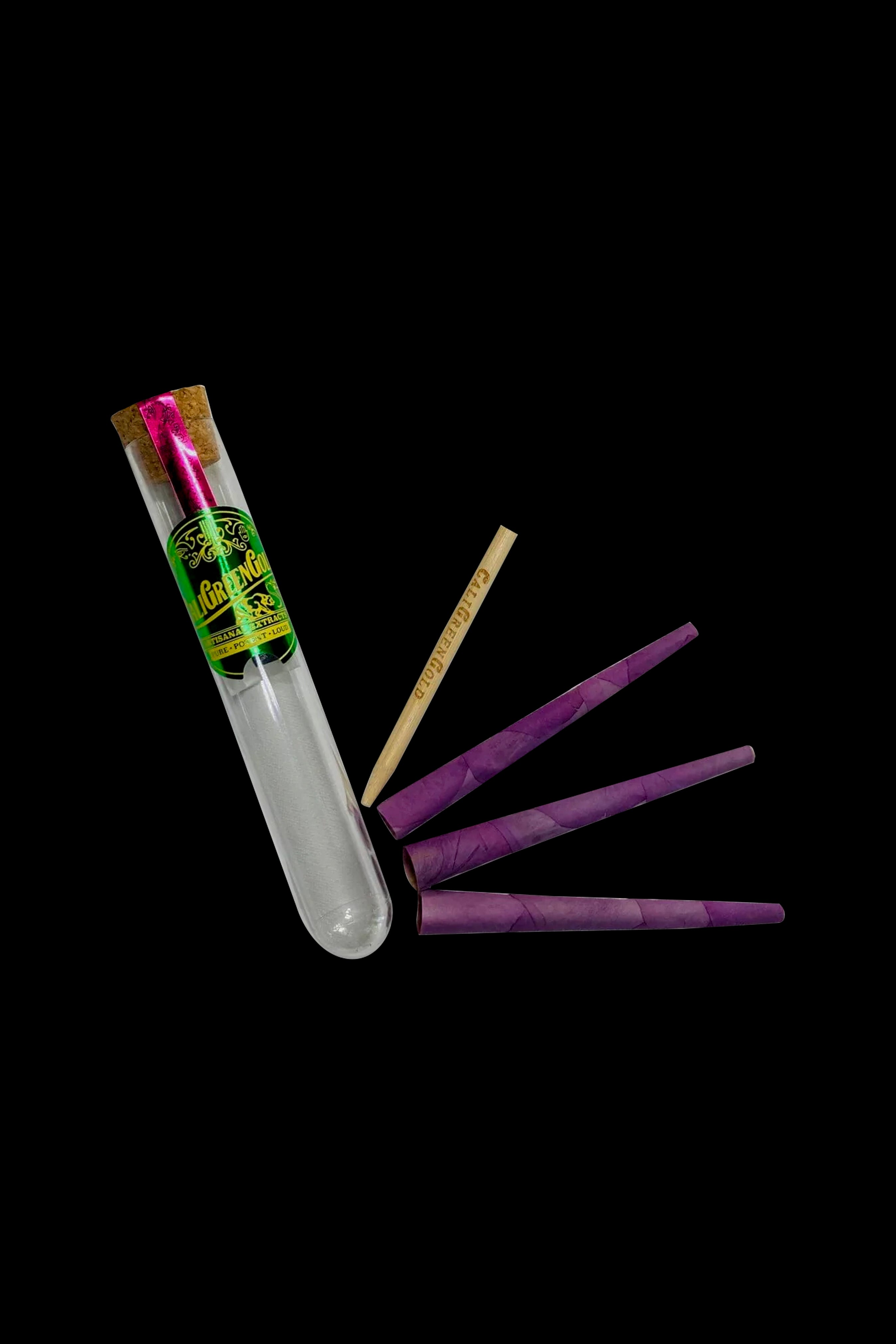Purple pre-rolled cones and a glass tube with cannabis inside, displayed on a black background.