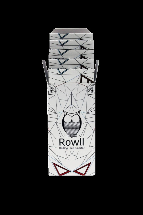A white, geometric-patterned box for Rowll, a cannabis rolling accessory, featuring an owl illustration and the tagline "Rolling - but smarter."