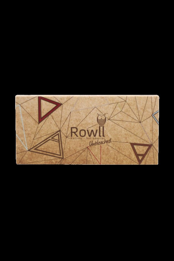Cardboard packaging for Rowill unbleached rolling papers, featuring geometric triangle designs.