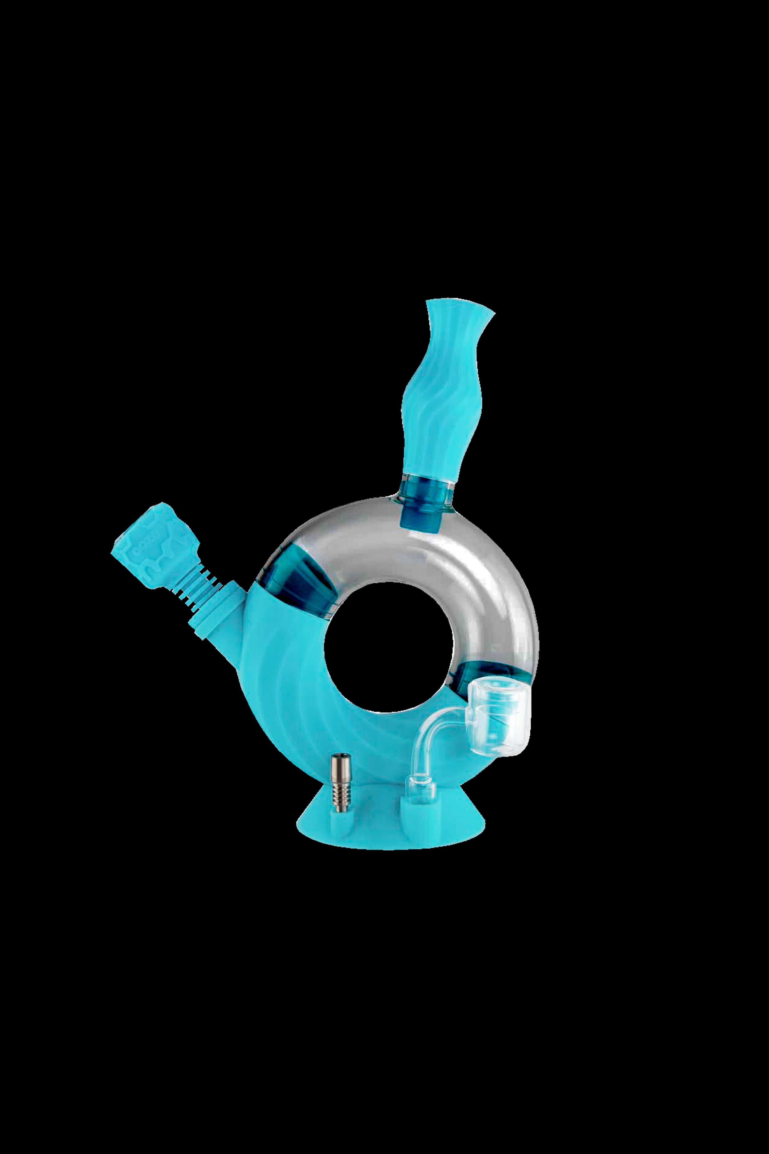 A vibrant blue glass rig with a circular body and multiple chambers, used for vaporizing concentrates.