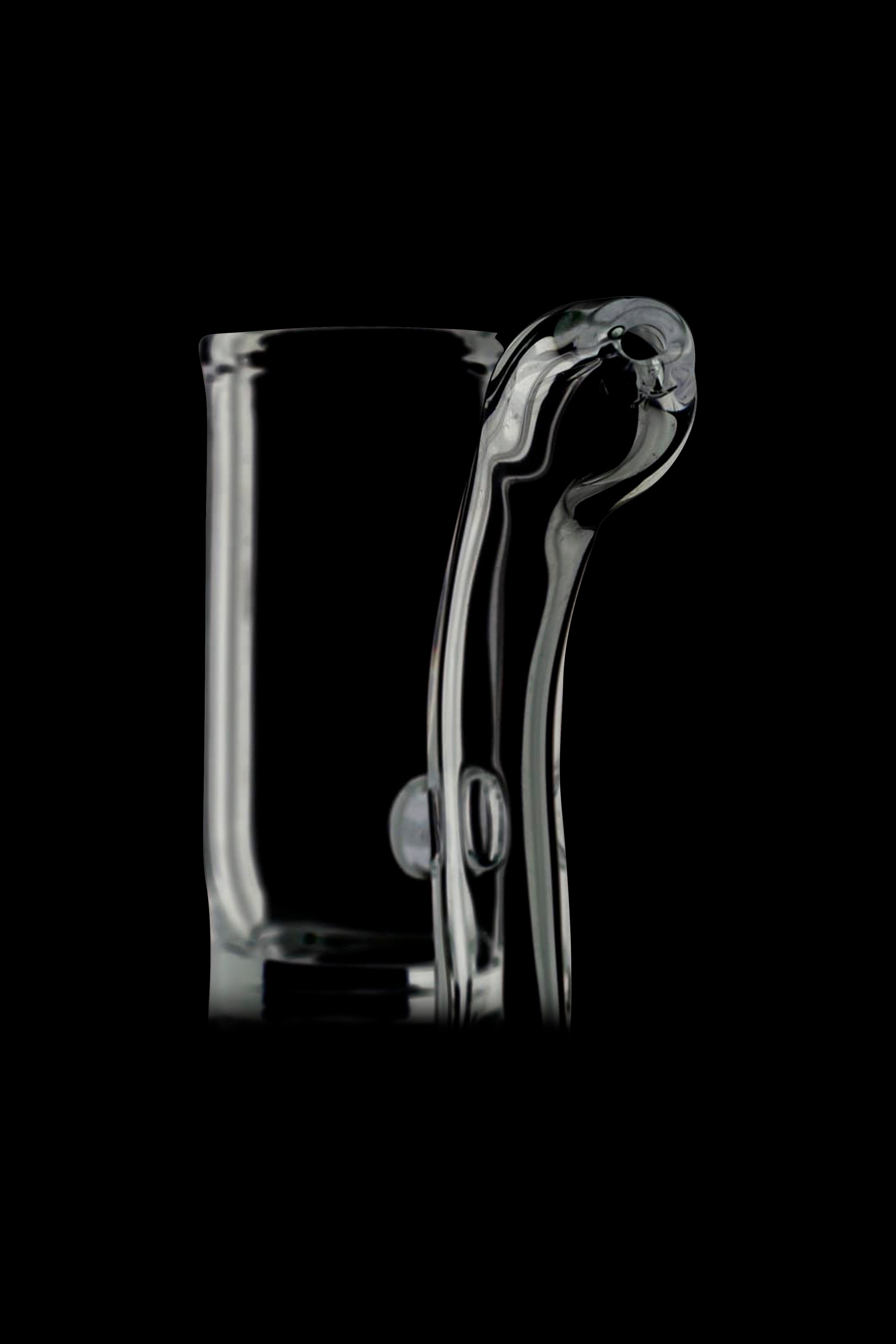 Clear glass cannabis water pipe against a black background.