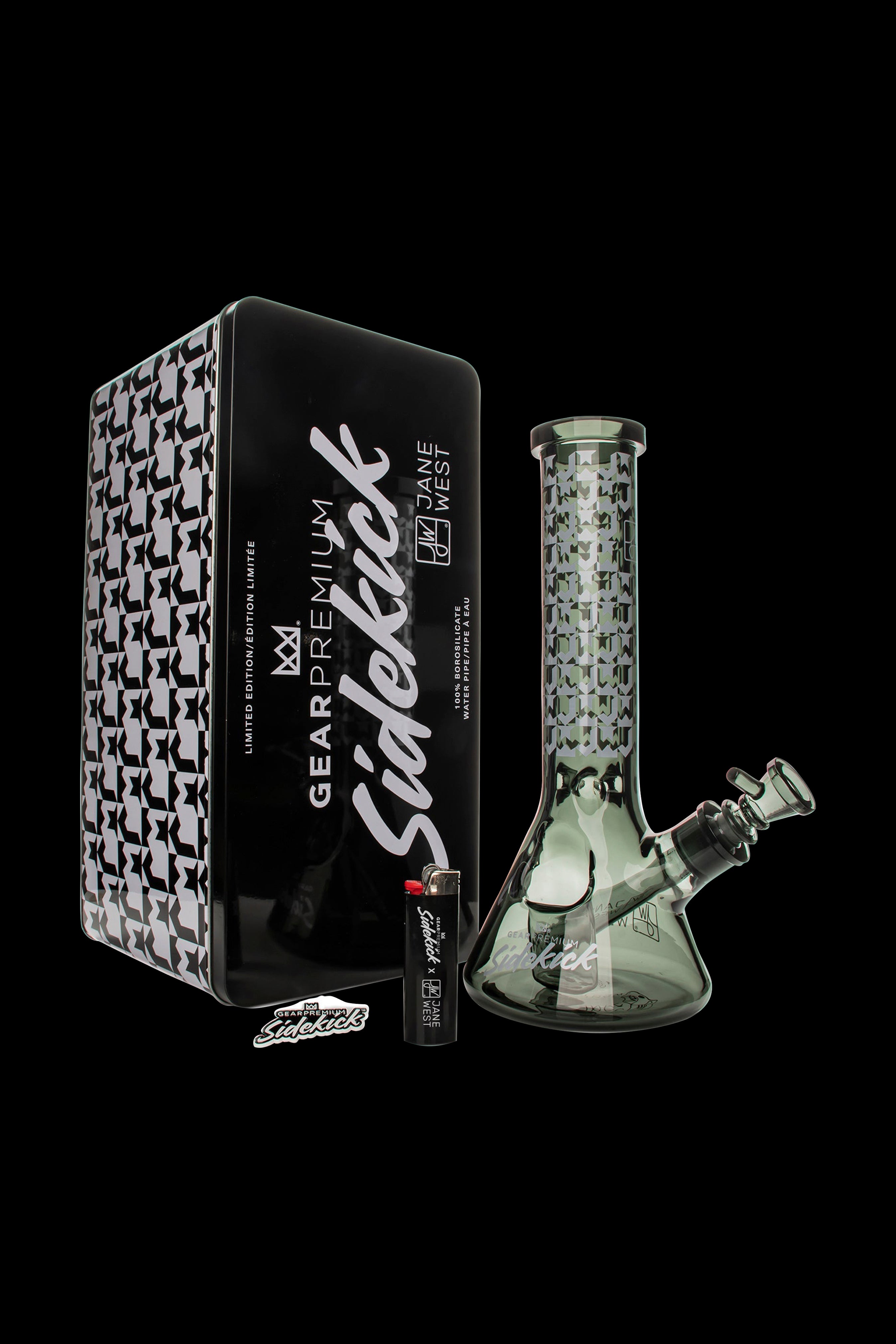 Limited edition Sidekick water pipe and storage box with geometric black and white design.