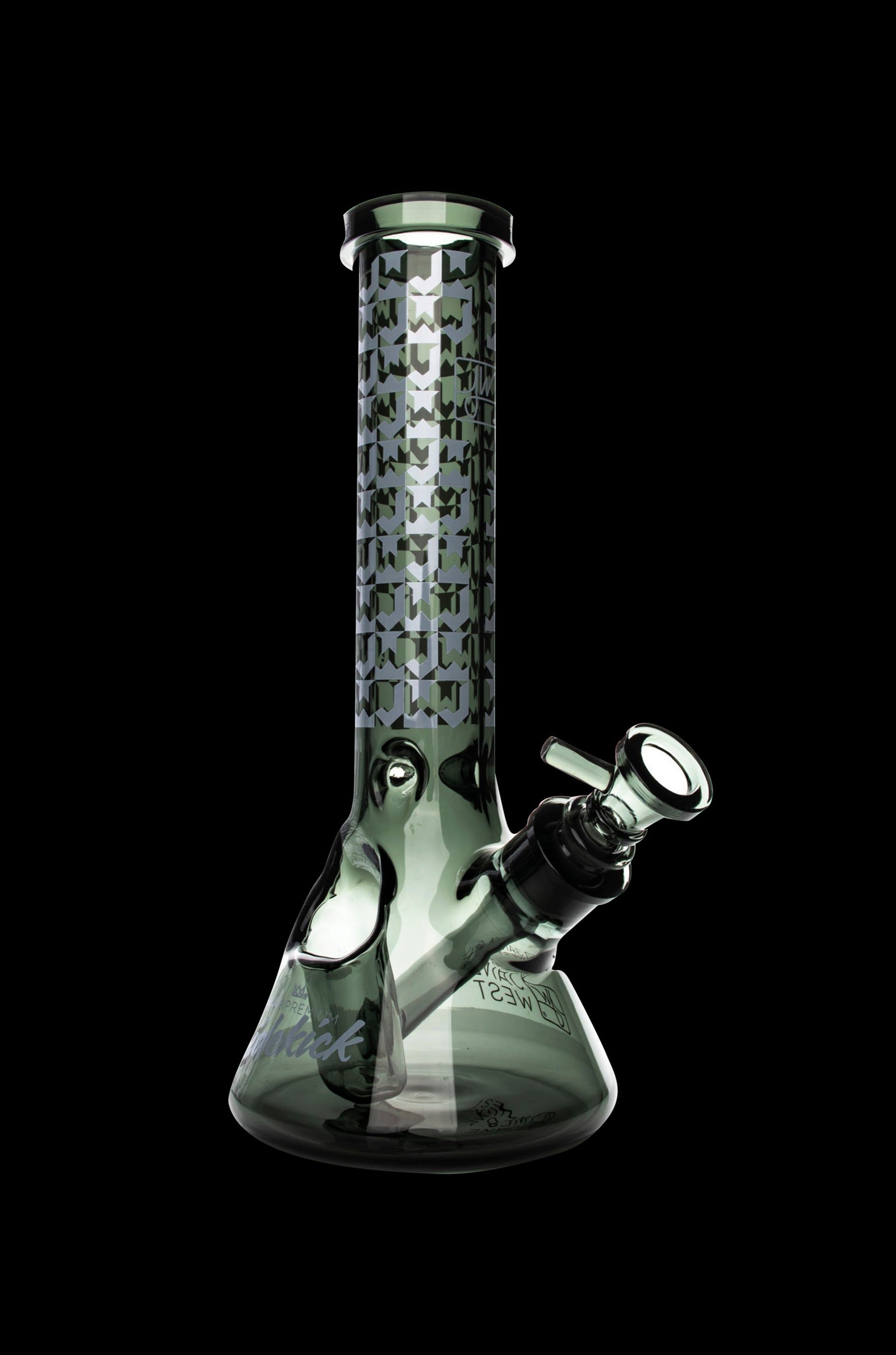 Green glass water pipe with geometric pattern.
