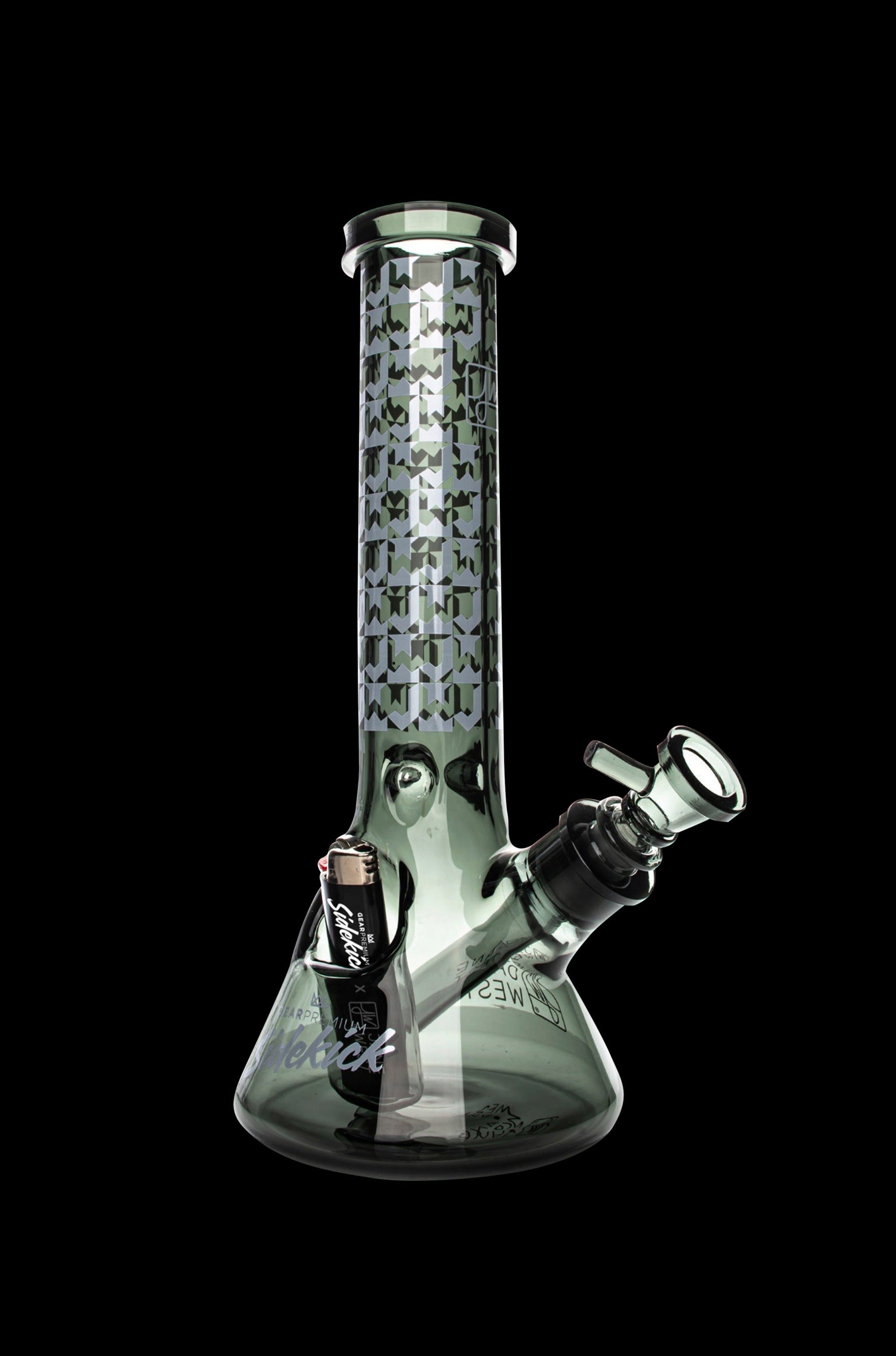 Green glass water pipe with camouflage pattern and cannabis leaf design.