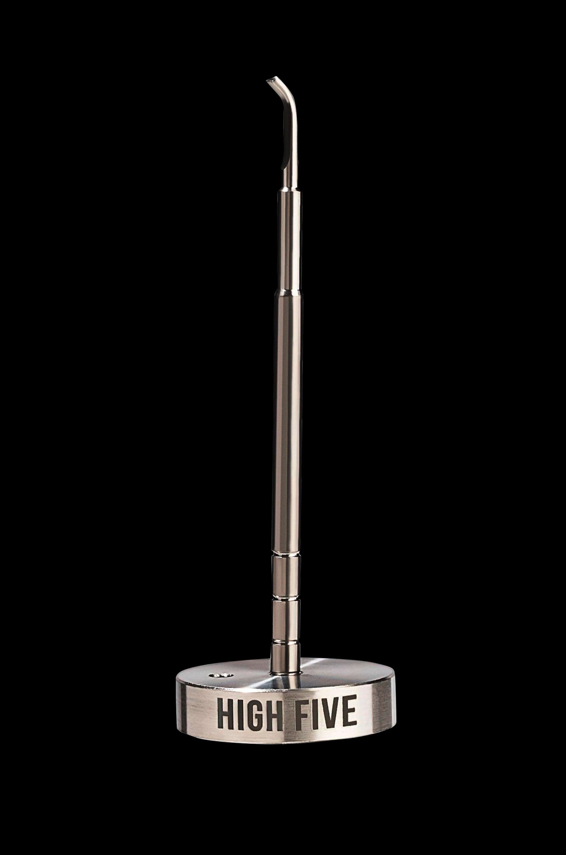 Silver cannabis dab tool with “HIGH FIVE” engraved on the base, isolated on a black background.